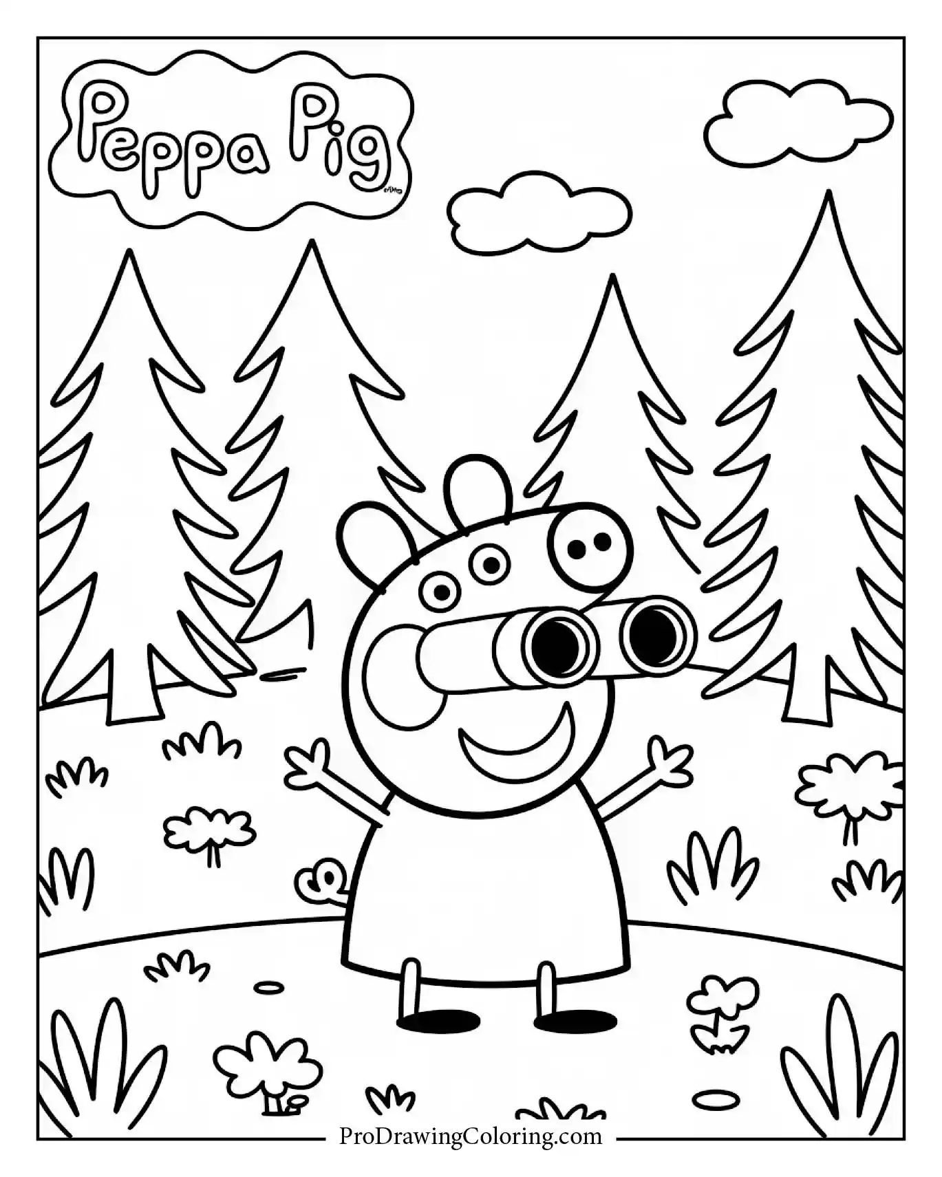Peppa Pig walking in forest holding binoculars