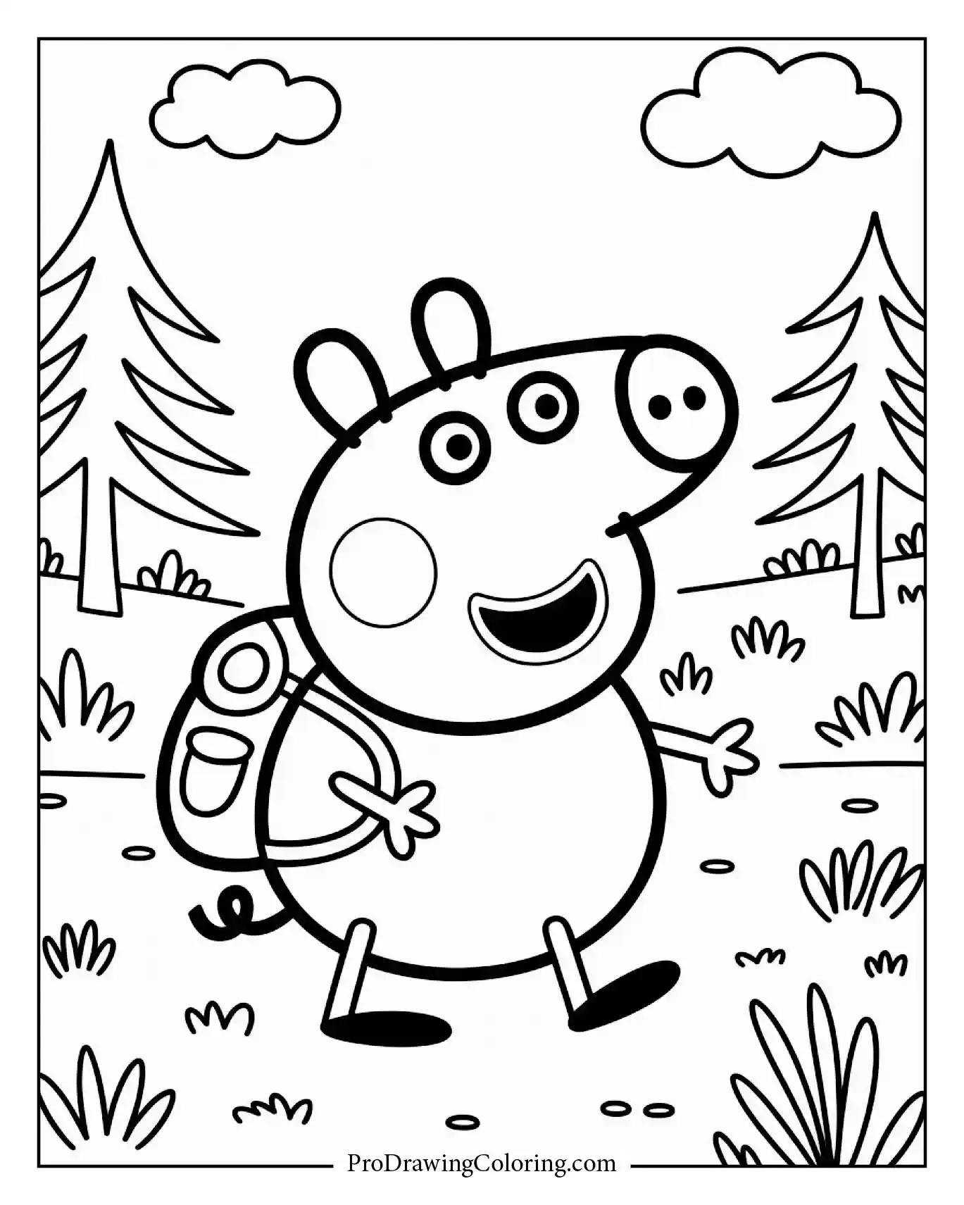 Peppa Pig printable coloring page exploring forest with trees and animals