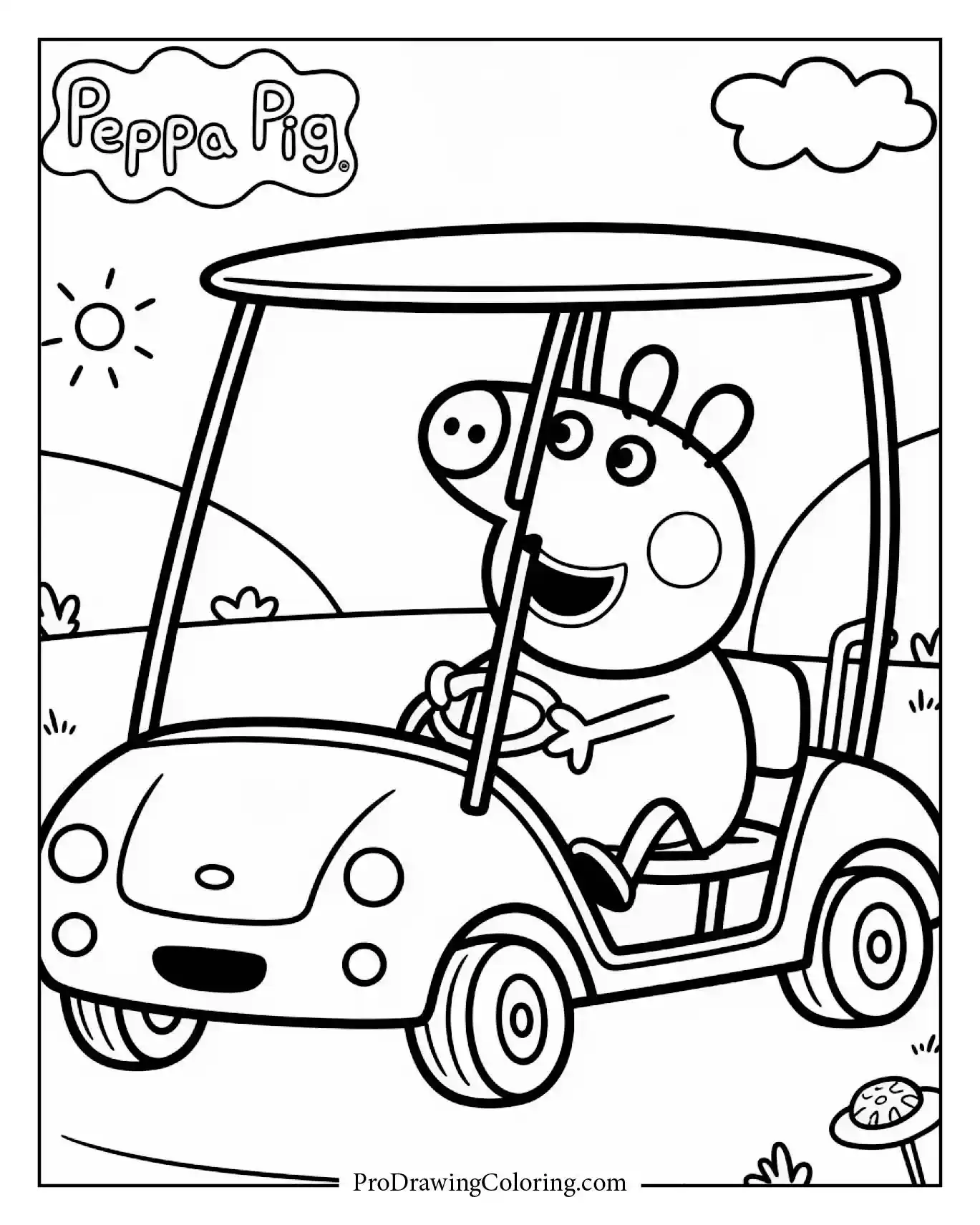 Printable Peppa Pig coloring page driving a small golf car