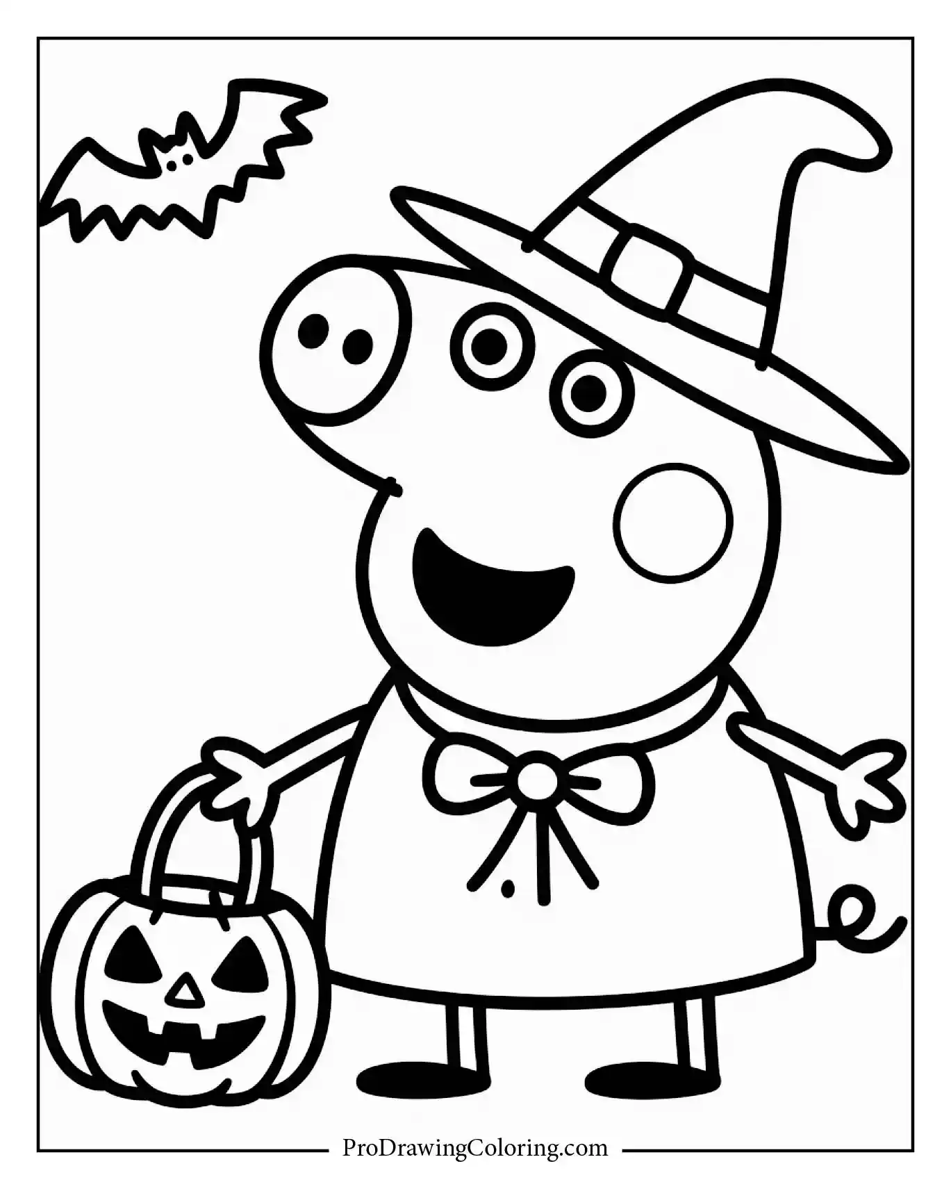 Peppa Pig wearing witch hat and holding pumpkin