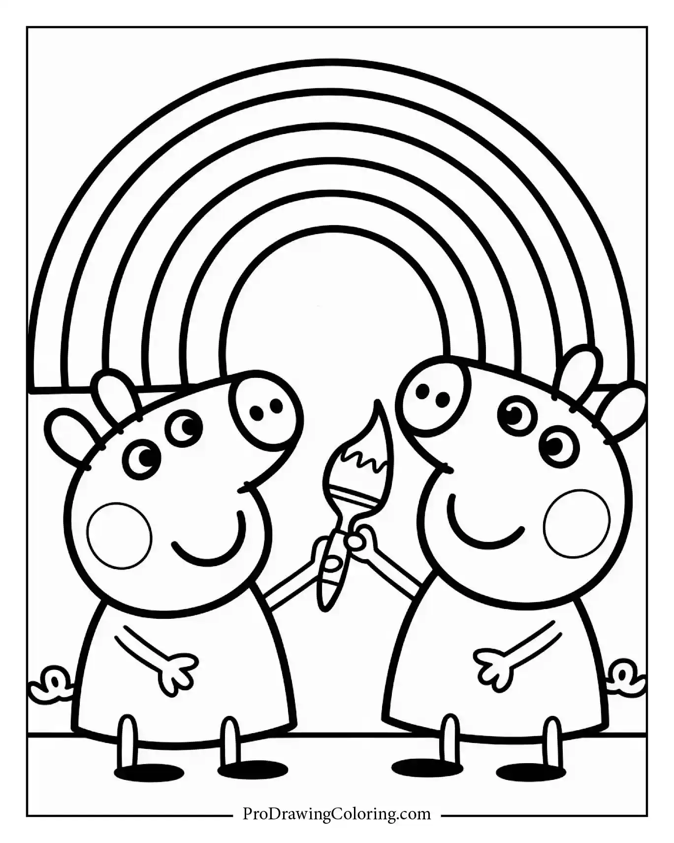 Peppa Pig holding brush painting rainbow on wall
