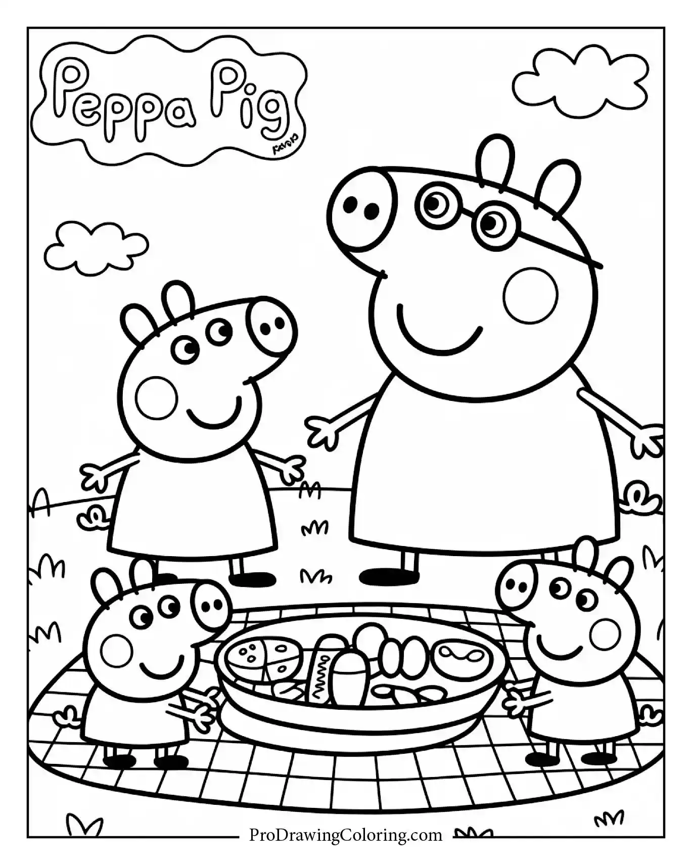 Peppa Pig printable coloring page with picnic basket and family