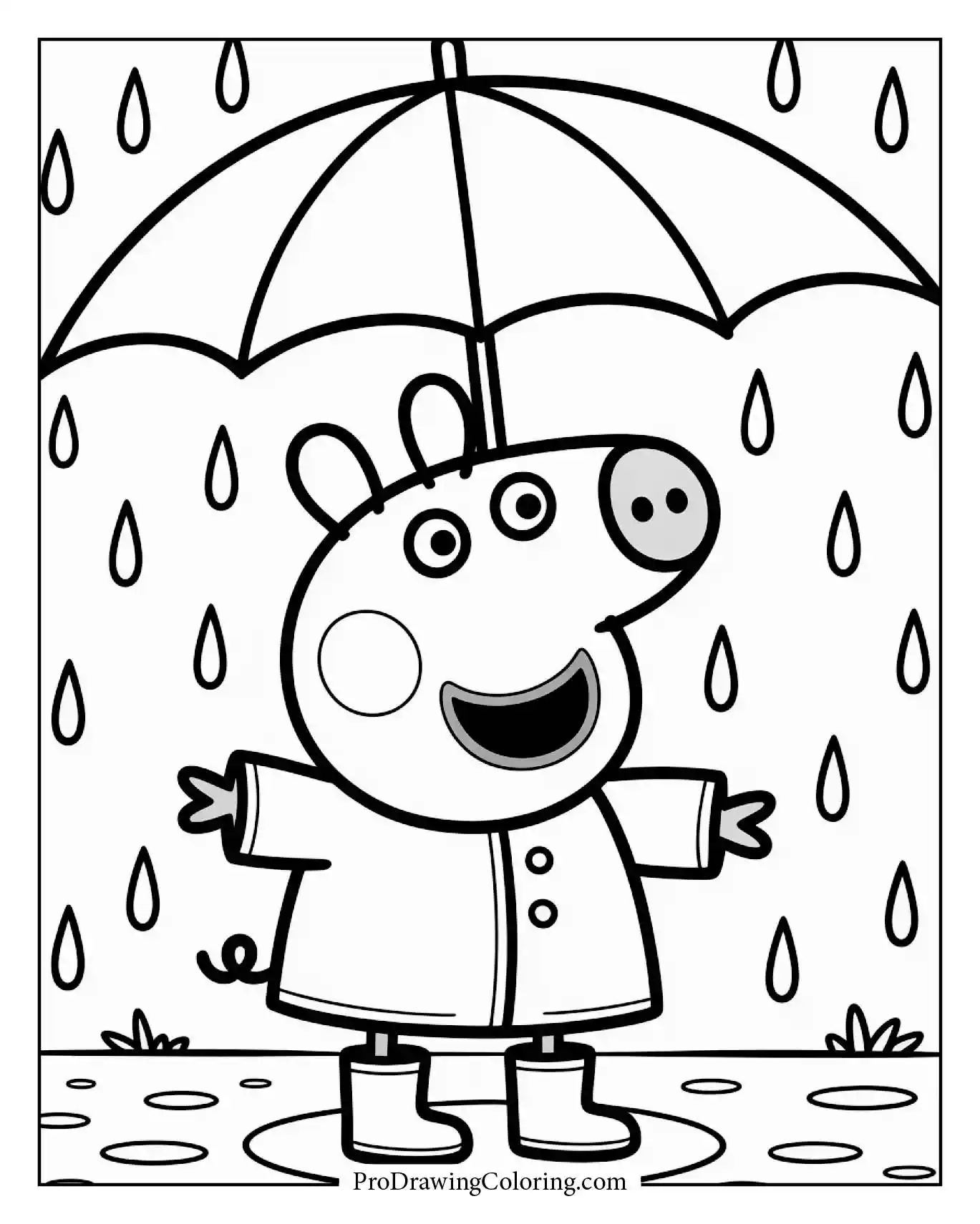 Fun Peppa Pig coloring sheet printable for kids showing her dressing for rain
