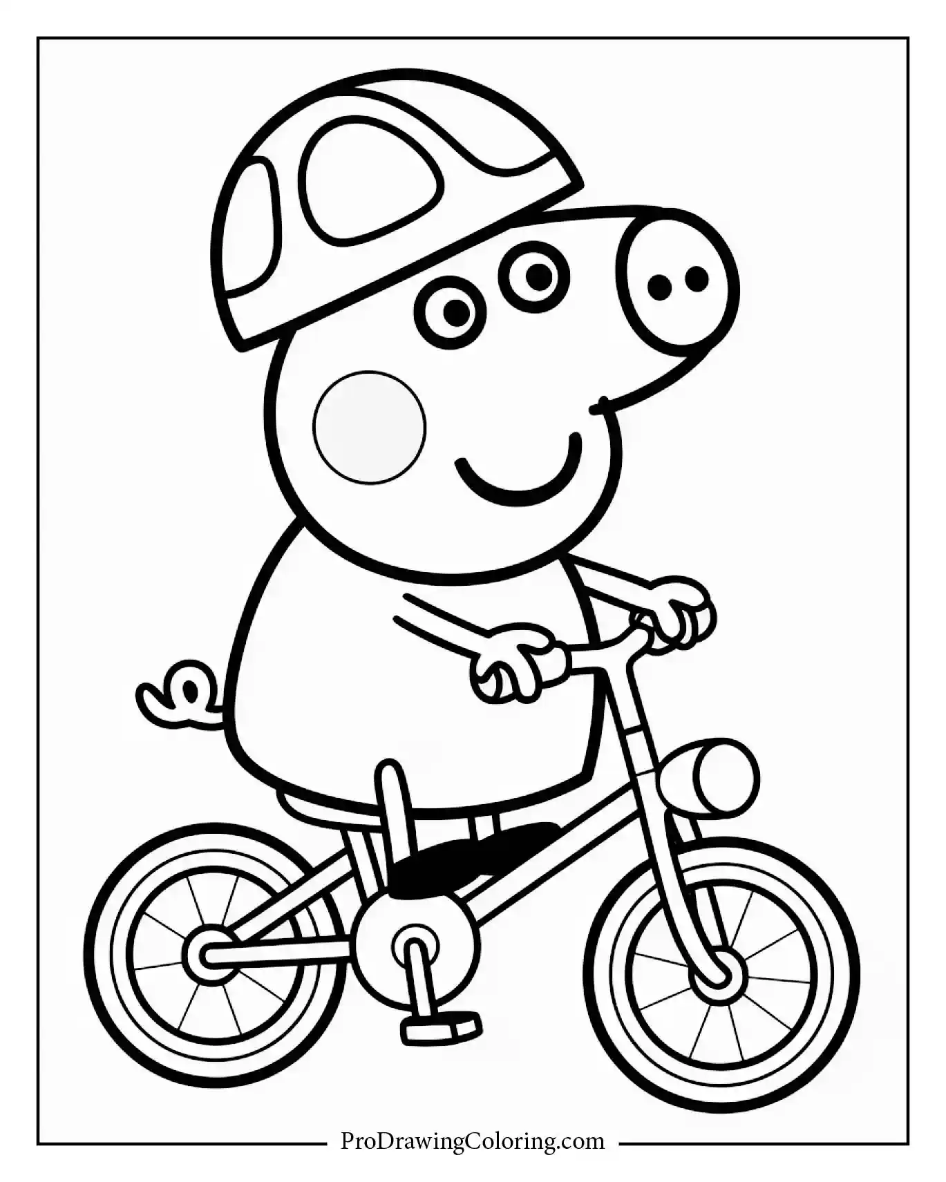 Peppa Pig riding bicycle wearing helmet and smiling