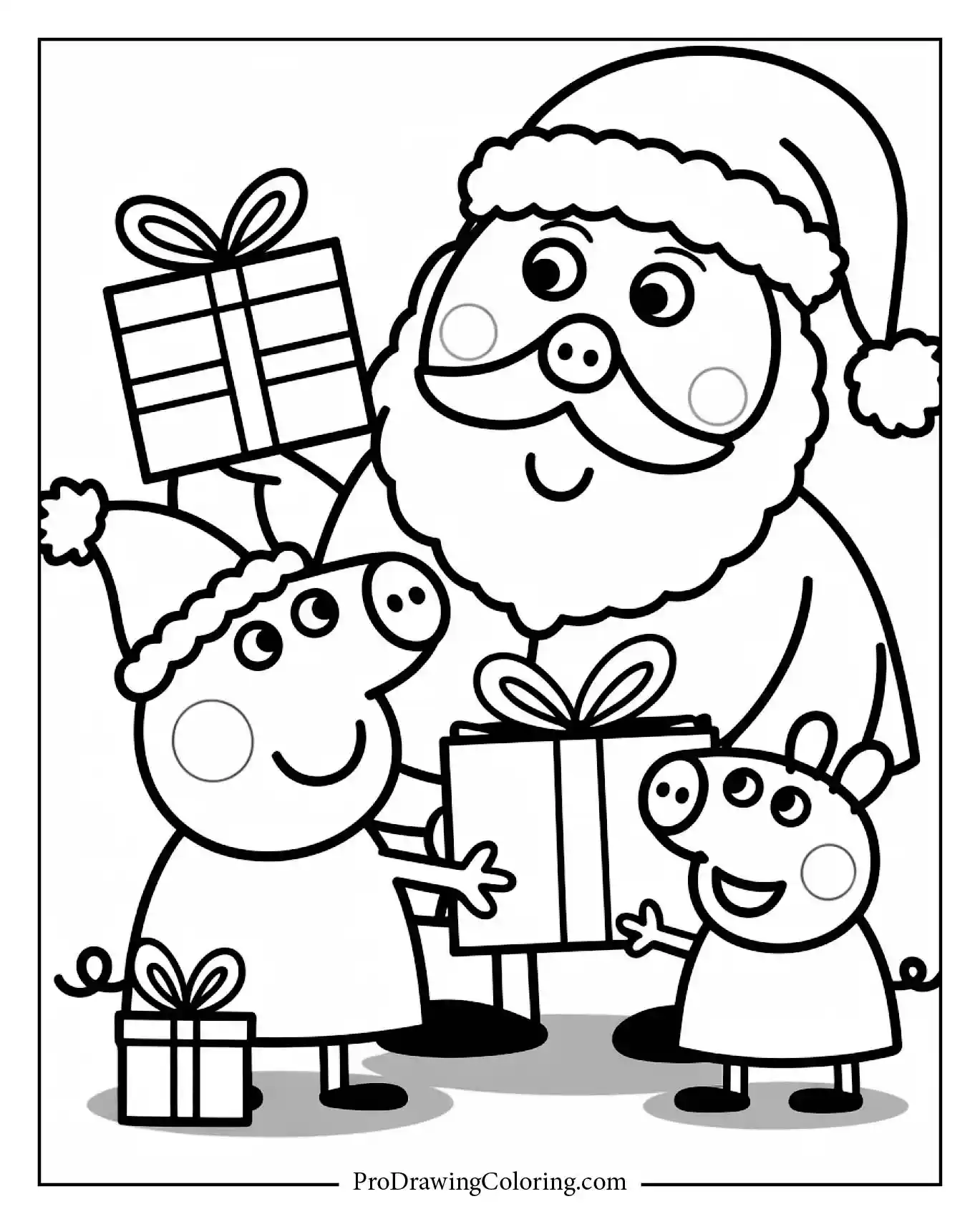 Christmas Peppa Pig coloring page with Santa and gifts