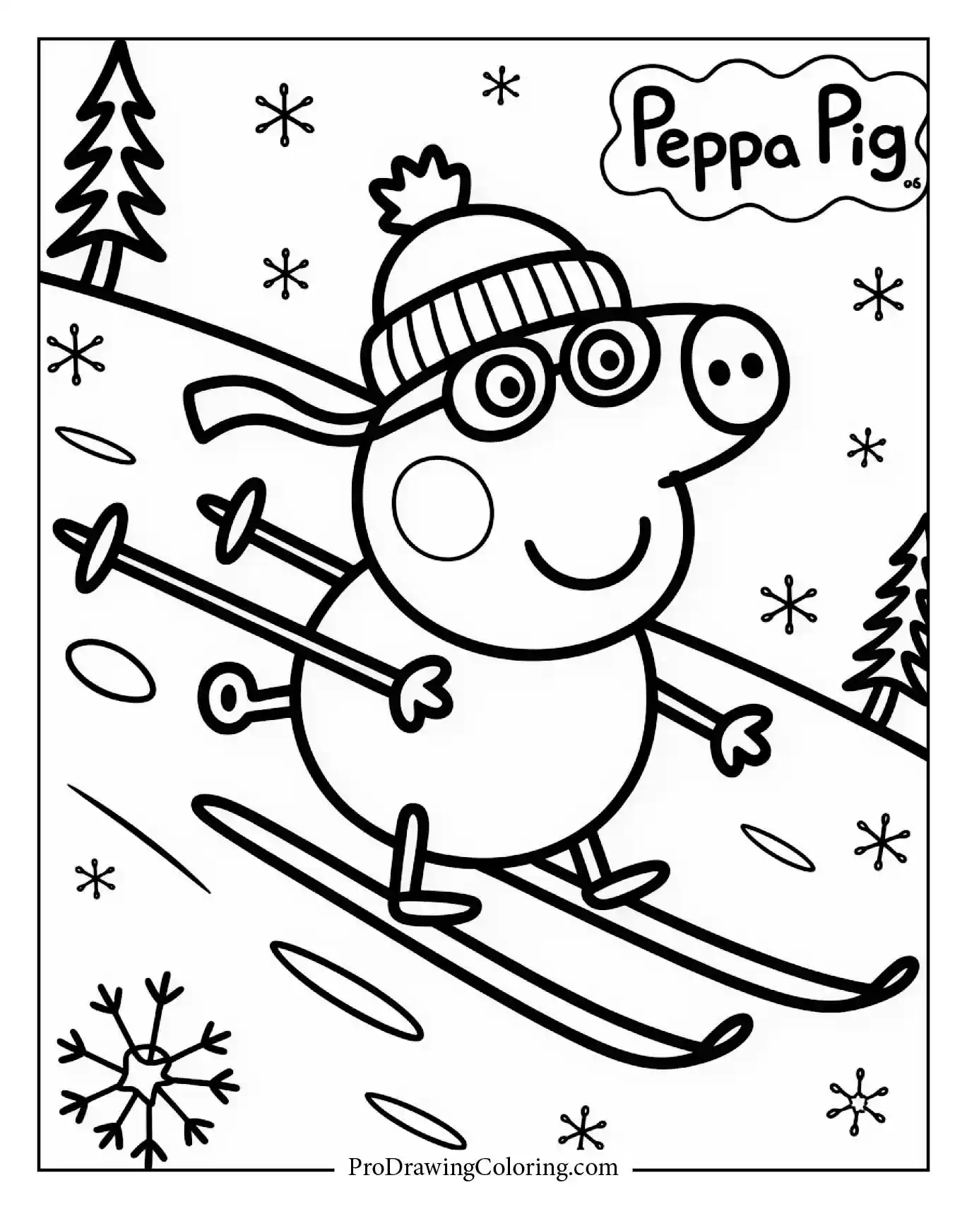 Peppa Pig coloring page featuring her skiing on a snowy hill with warm outfit