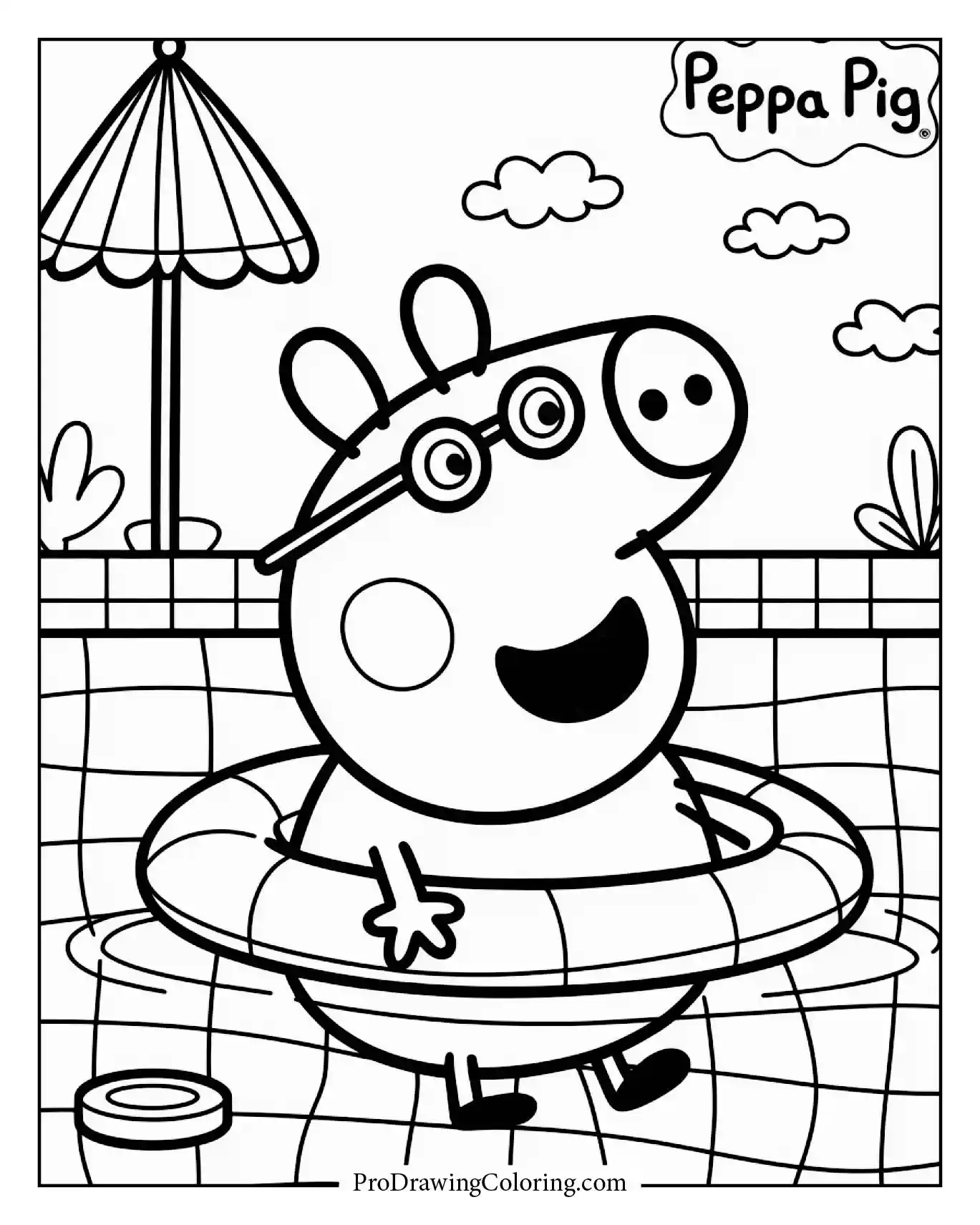 Peppa Pig coloring page for all ages enjoying swimming pool