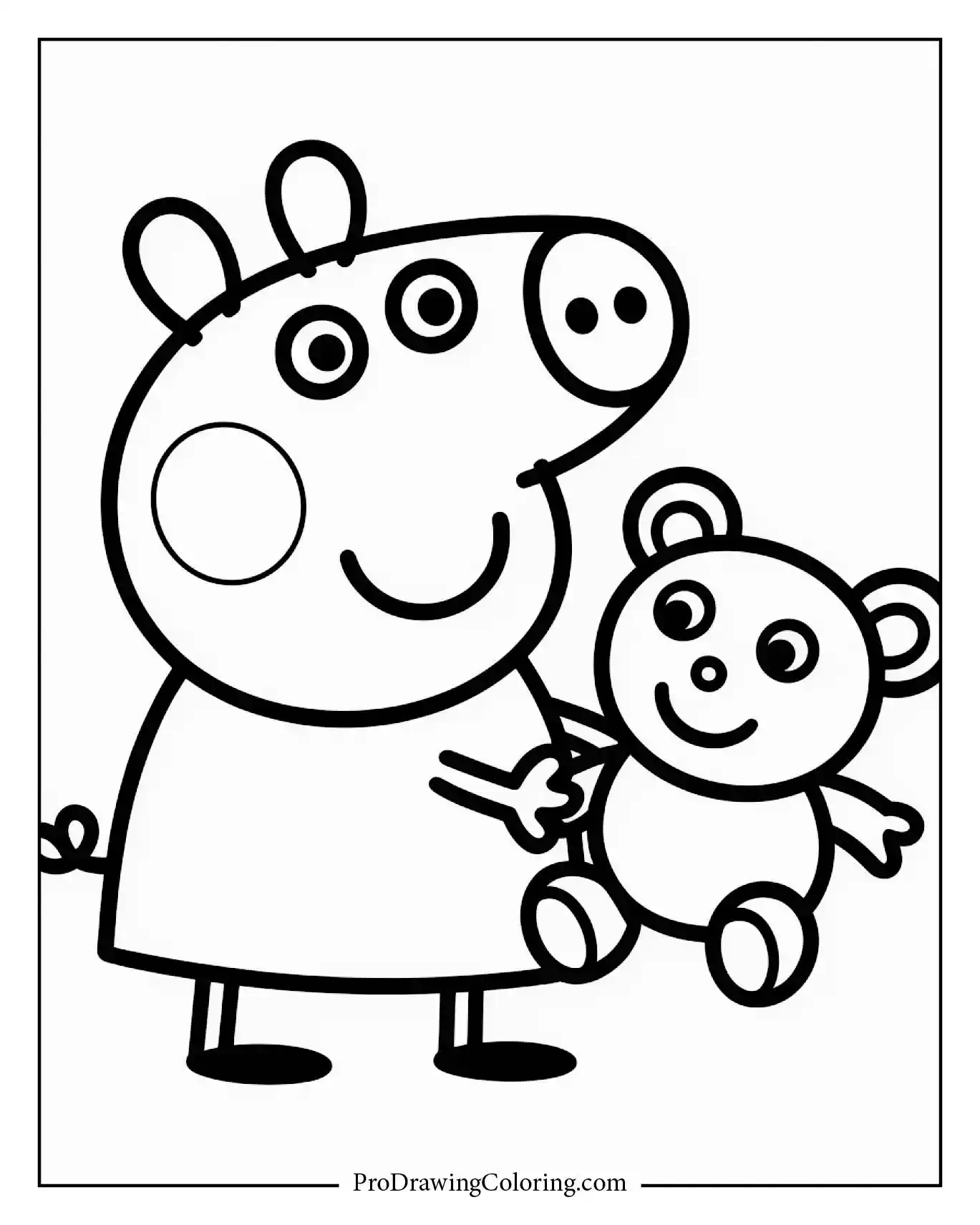 Easy Peppa Pig coloring page showing her hugging her teddy bear