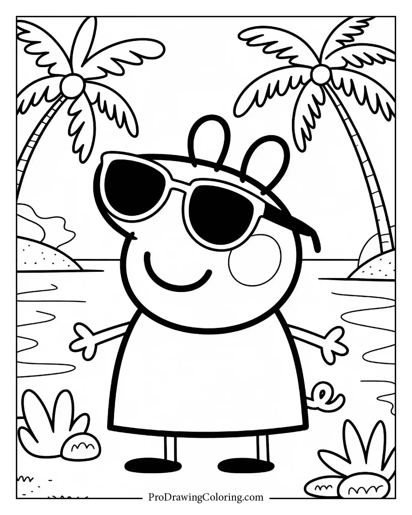 Peppa Pig relaxing under palm trees wearing sunglasses