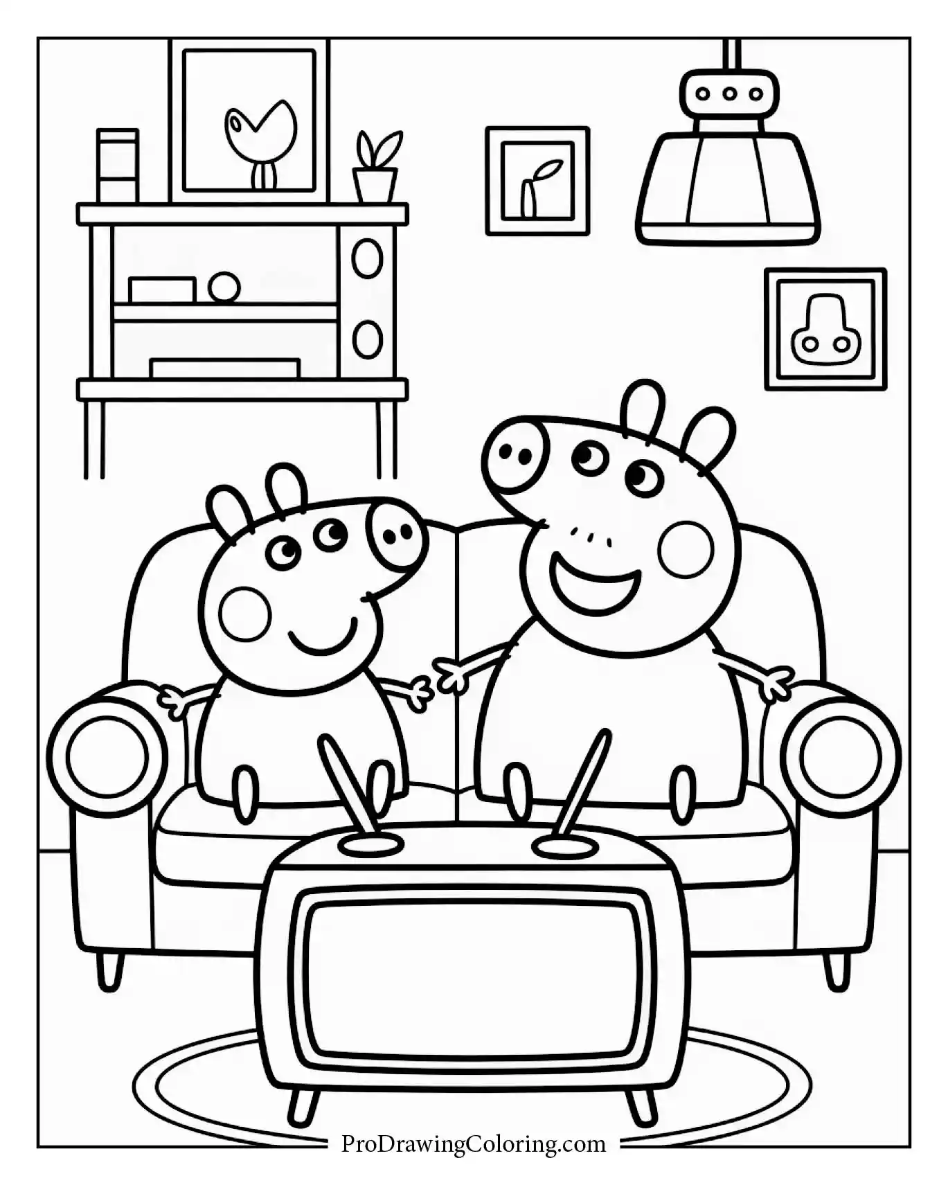 Printable coloring page of Peppa Pig and George watching television together