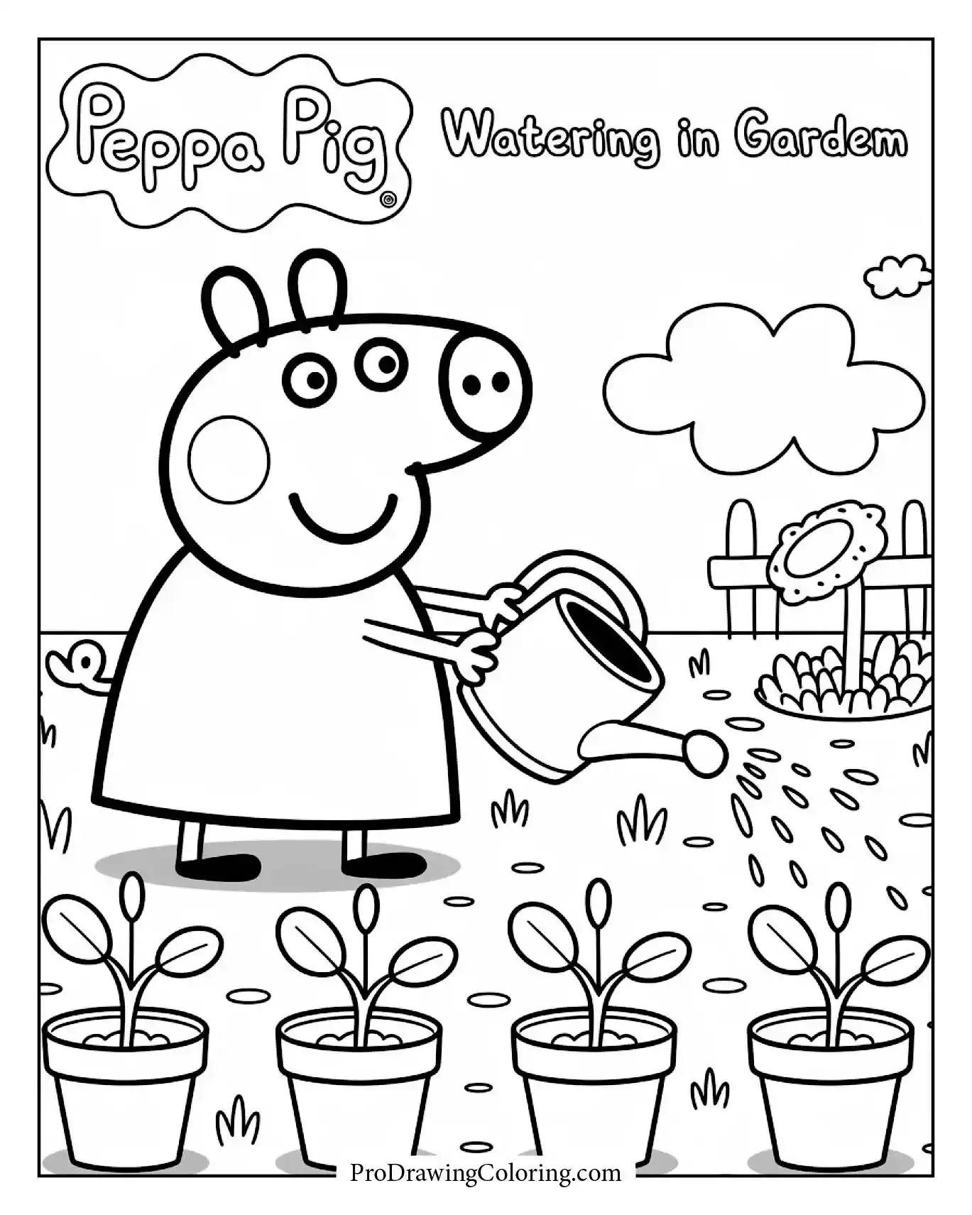 Peppa Pig watering flowers in her garden