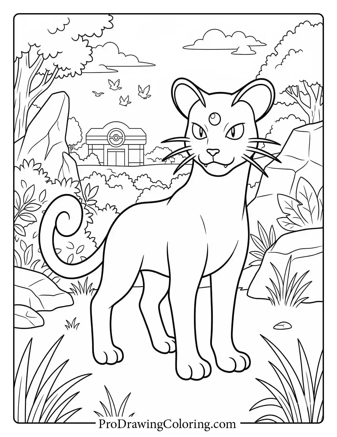 Persian stands elegantly on a rocky path surrounded by bushes and trees, displaying a calm and majestic feline posture, a beautiful Pokemon coloring sheet.