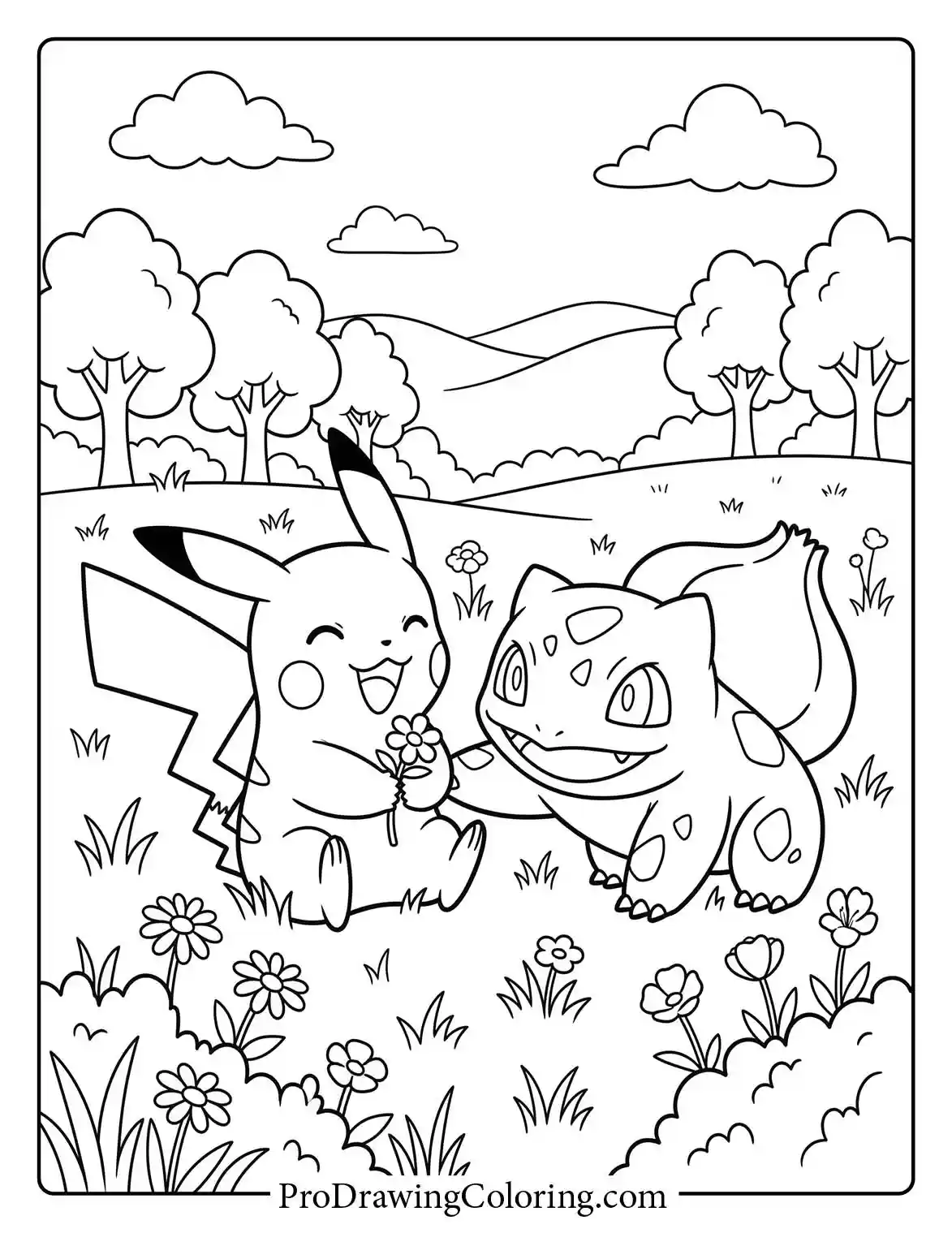 Pikachu and Bulbasaur sitting in a lush flower field, a beautiful Pokemon printable.