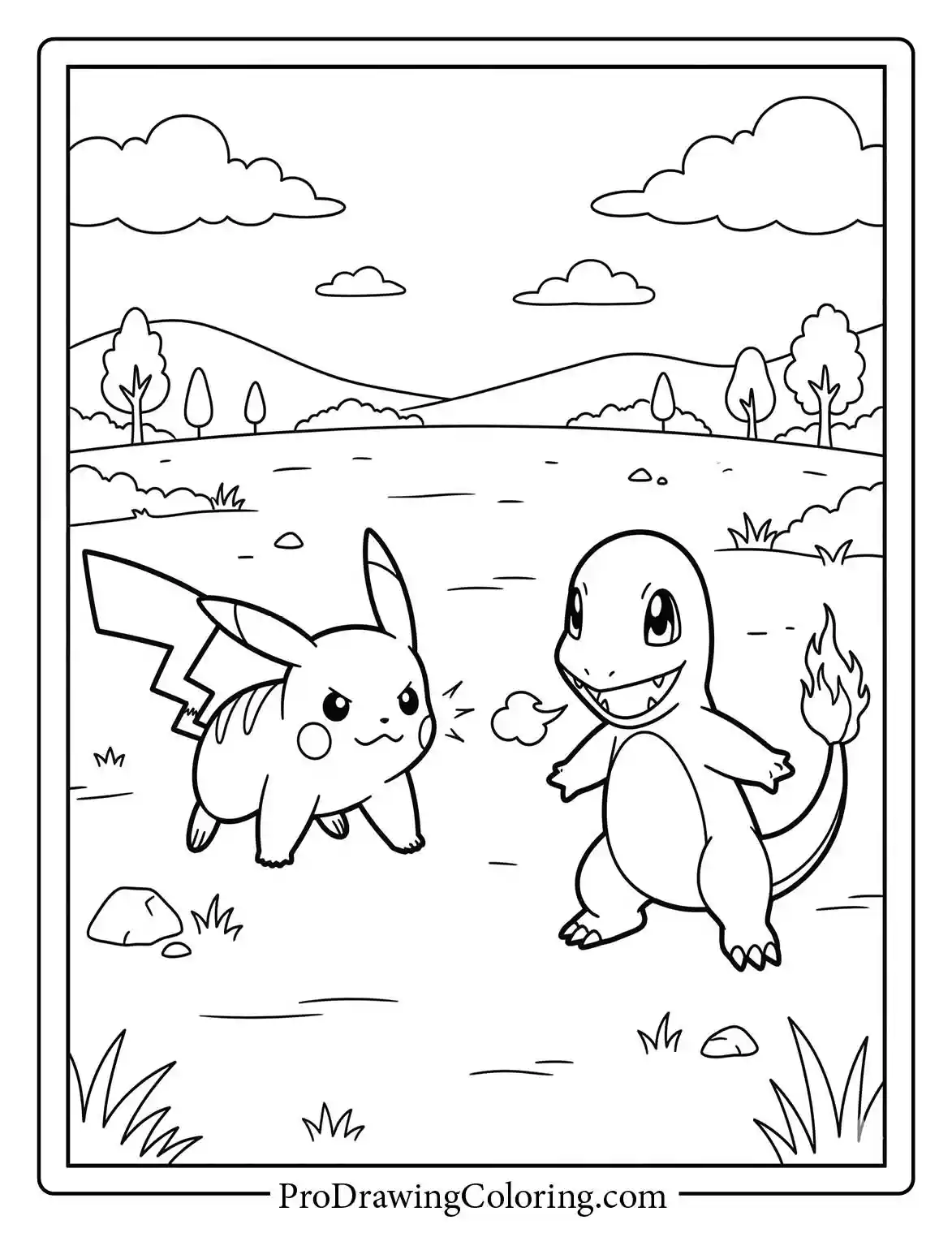 Coloring sheet of Pikachu and Charmander standing together in a wide grassy meadow scene.
