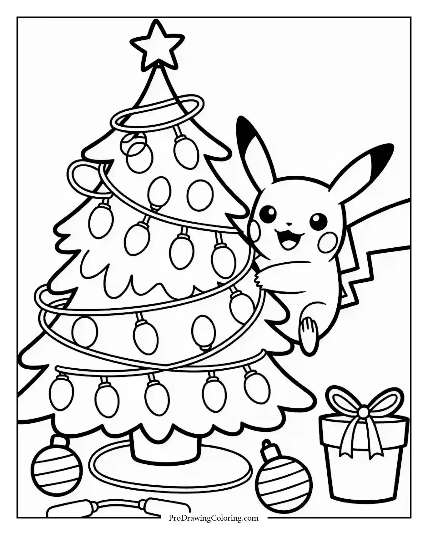 pikachu christmas tree coloring page Pikachu hanging lights on a decorated Christmas tree
