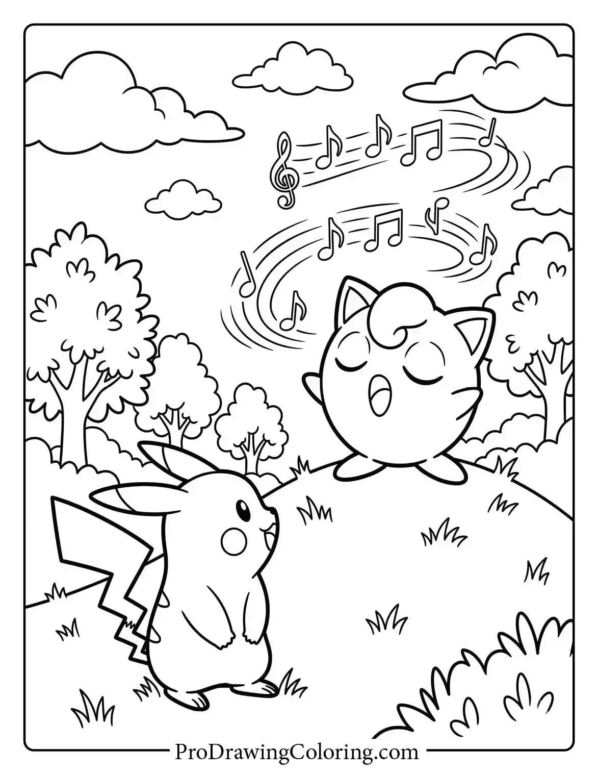 Printable Pokemon coloring page featuring Pikachu and Jigglypuff singing on a small musical hill.