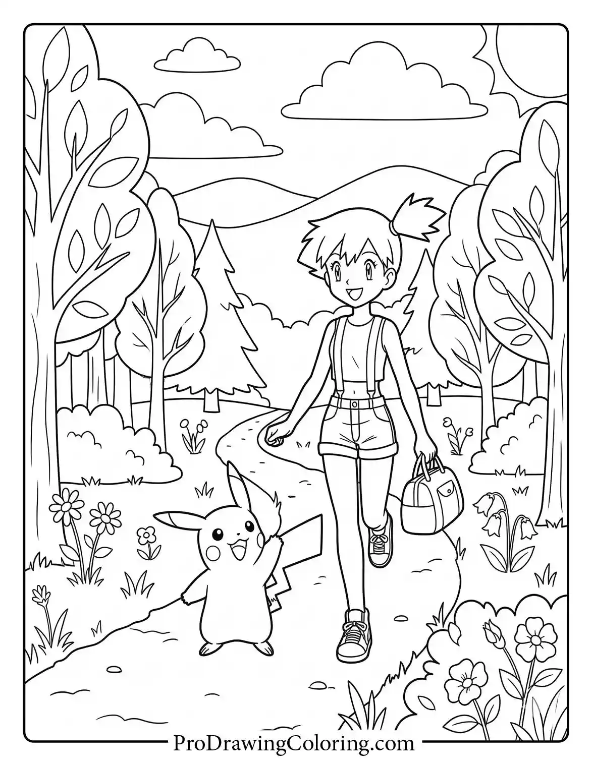 Coloring page showing Pikachu following Misty as she walks along a winding forest path.