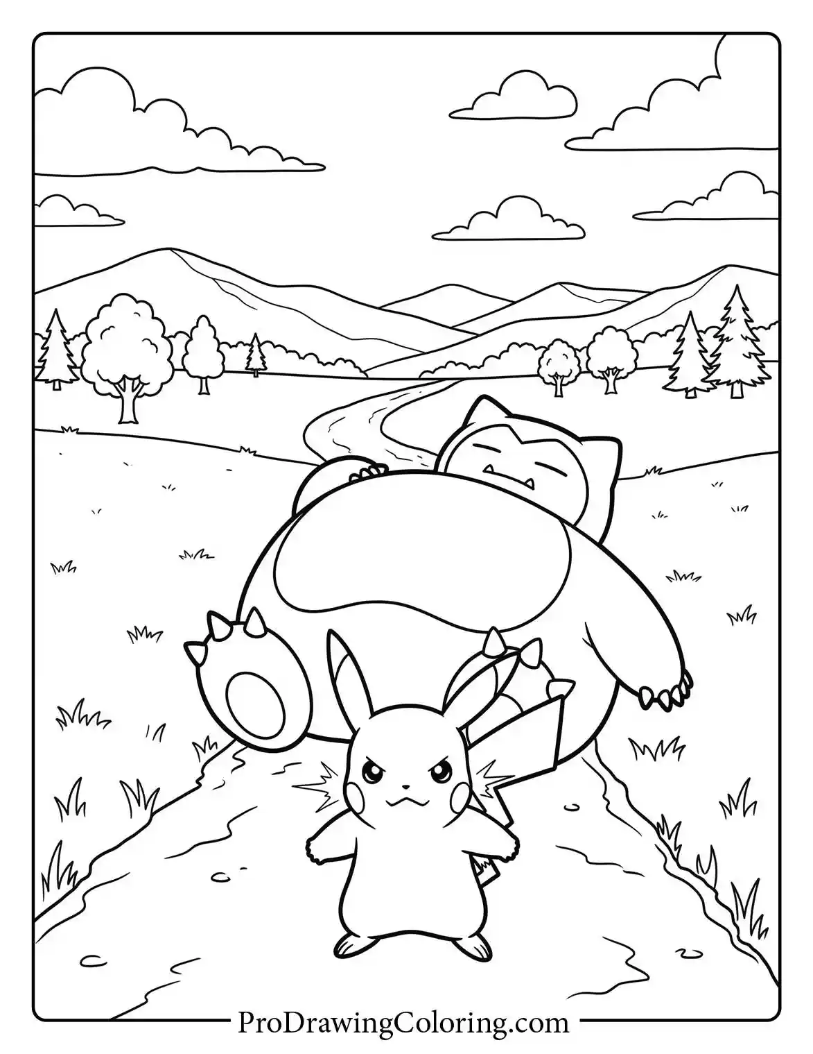 Printable of Pikachu standing in front of a giant Snorlax sleeping in the path.