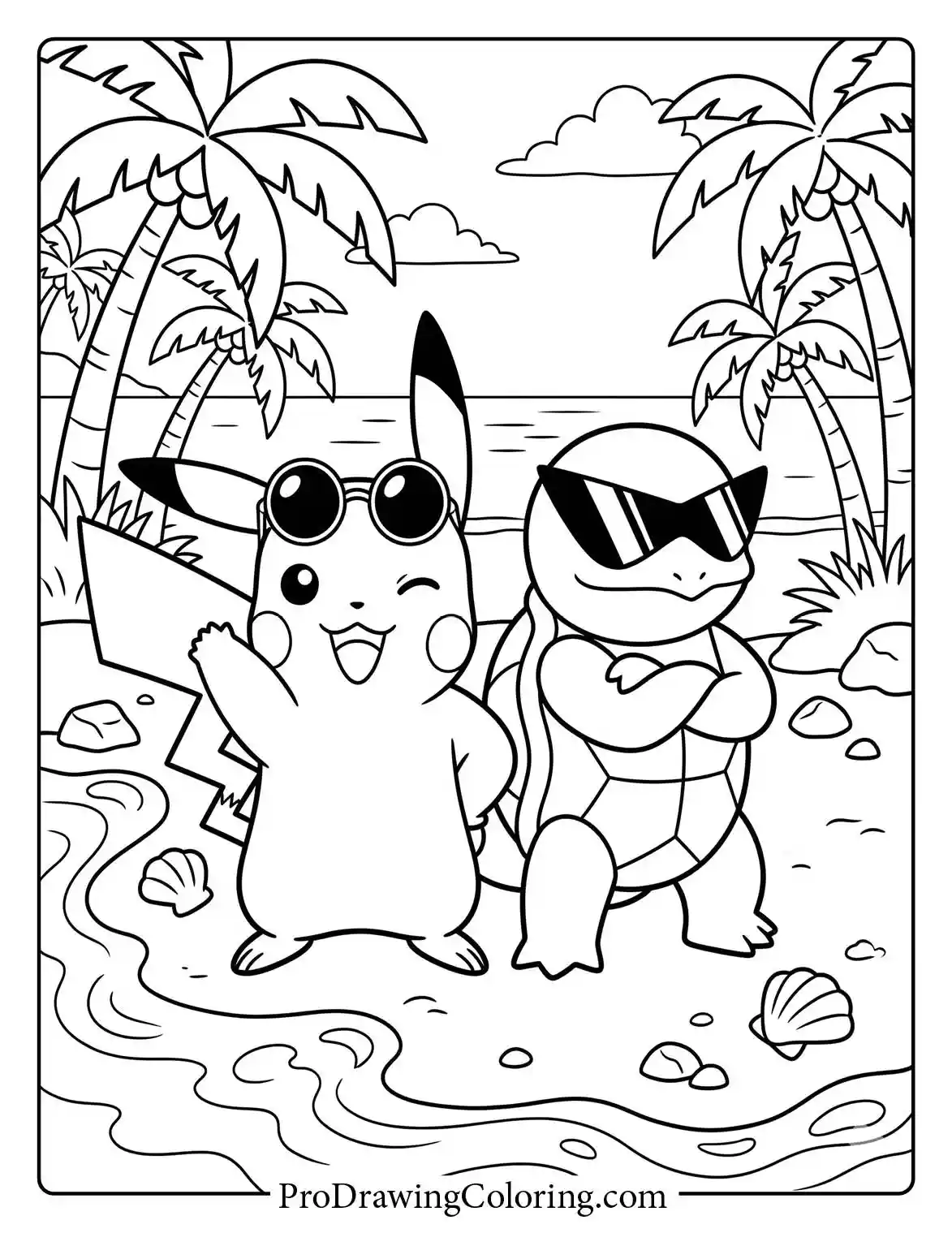 Pikachu and Squirtle wear cool sunglasses on a tropical beach, a fun Pokemon colouring.