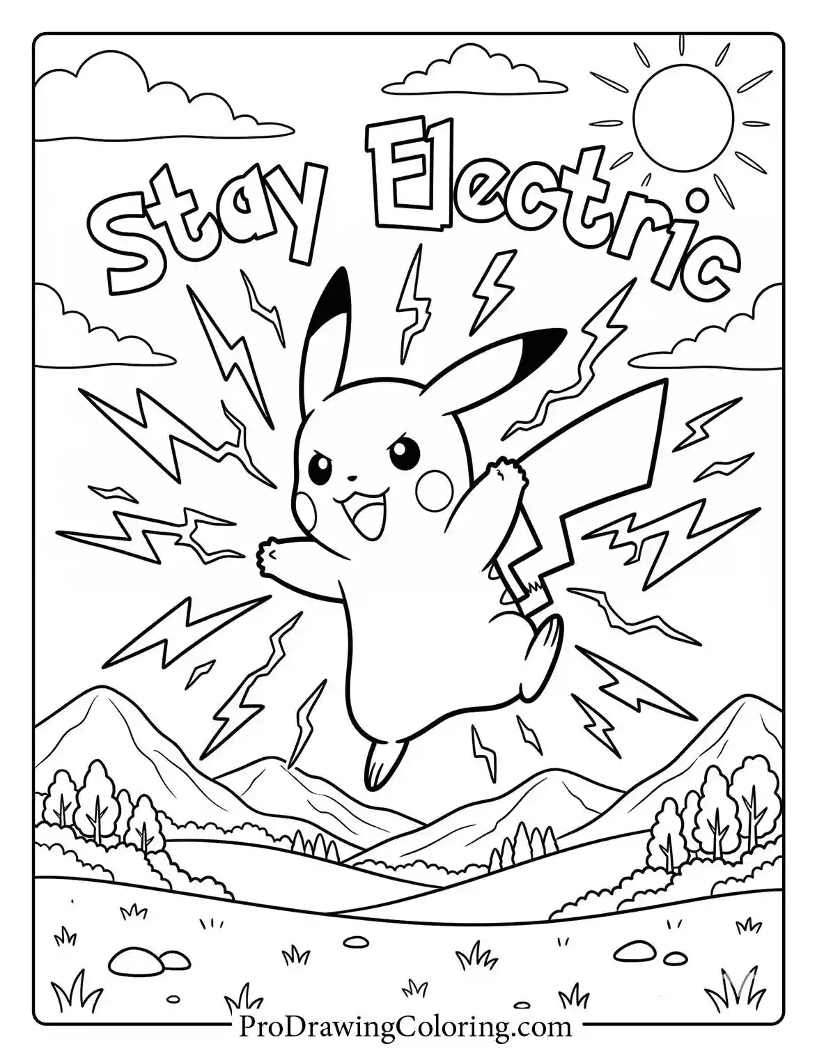 Pikachu jumps in front of mountains with lightning bolts, a cool Pokemon colouring sheet.