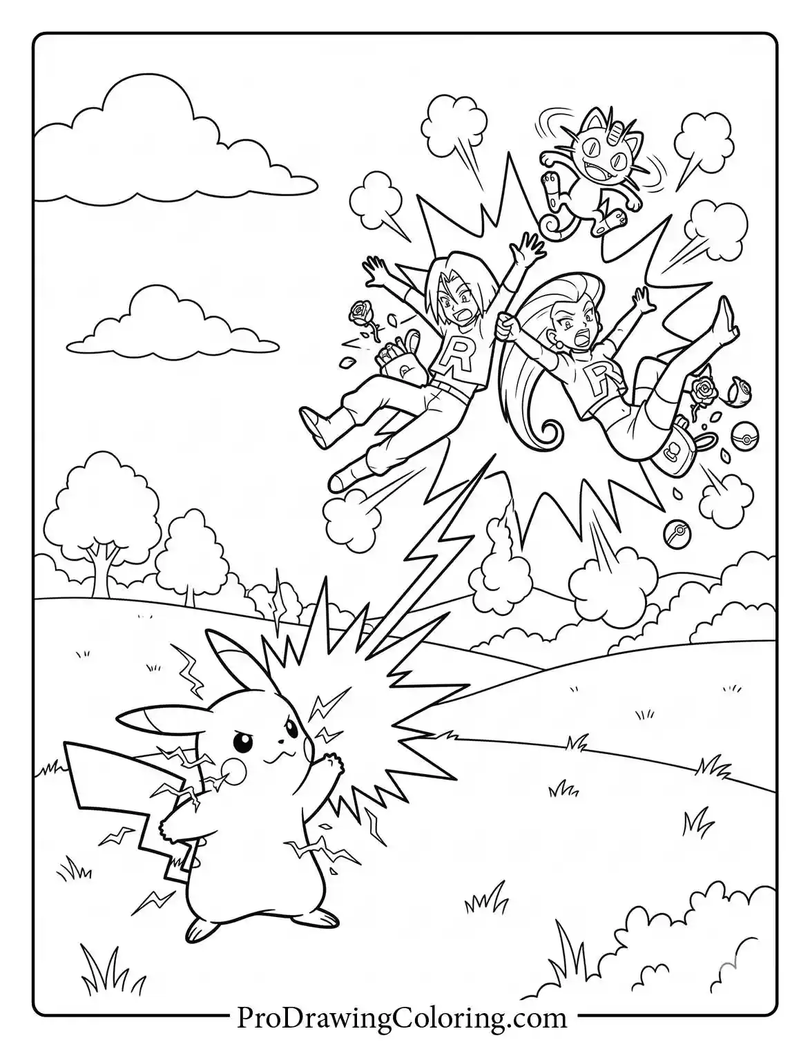 Pikachu blasts Team Rocket with a powerful thunderbolt attack, a great Pokemon coloring page.