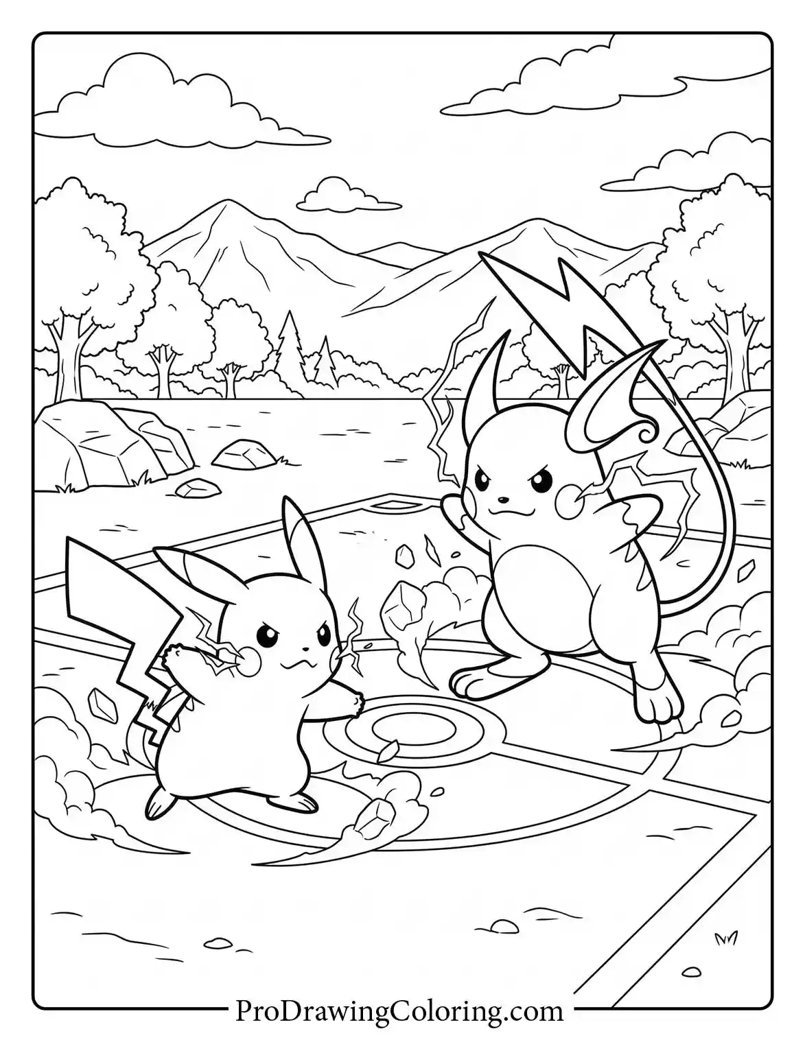 Coloring page of Pikachu and Raichu facing off in an intense battle on the stadium floor.