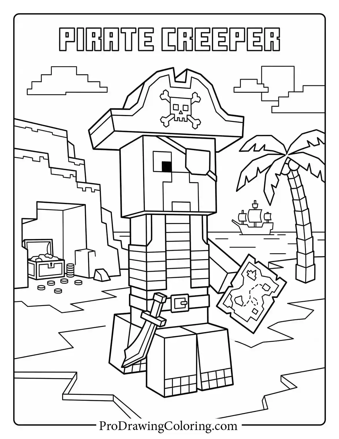 Beautifully detailed Minecraft coloring sheet of a pirate Creeper on a tropical beach with a treasure map and a ship.