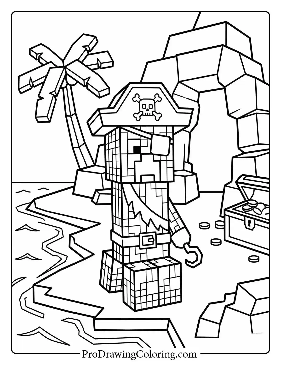 Minecraft creeper coloring pages featuring a Creeper dressed as a pirate with a hook hand on a tropical treasure island.