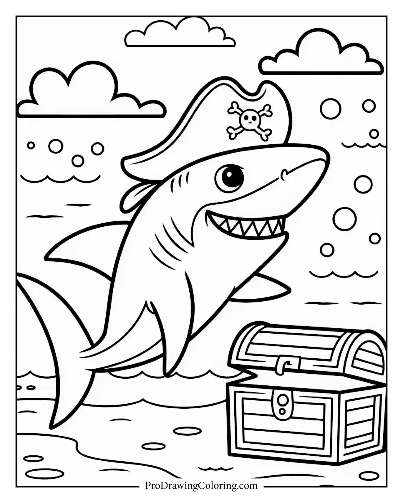 A pirate shark with a hat swimming near an open treasure chest