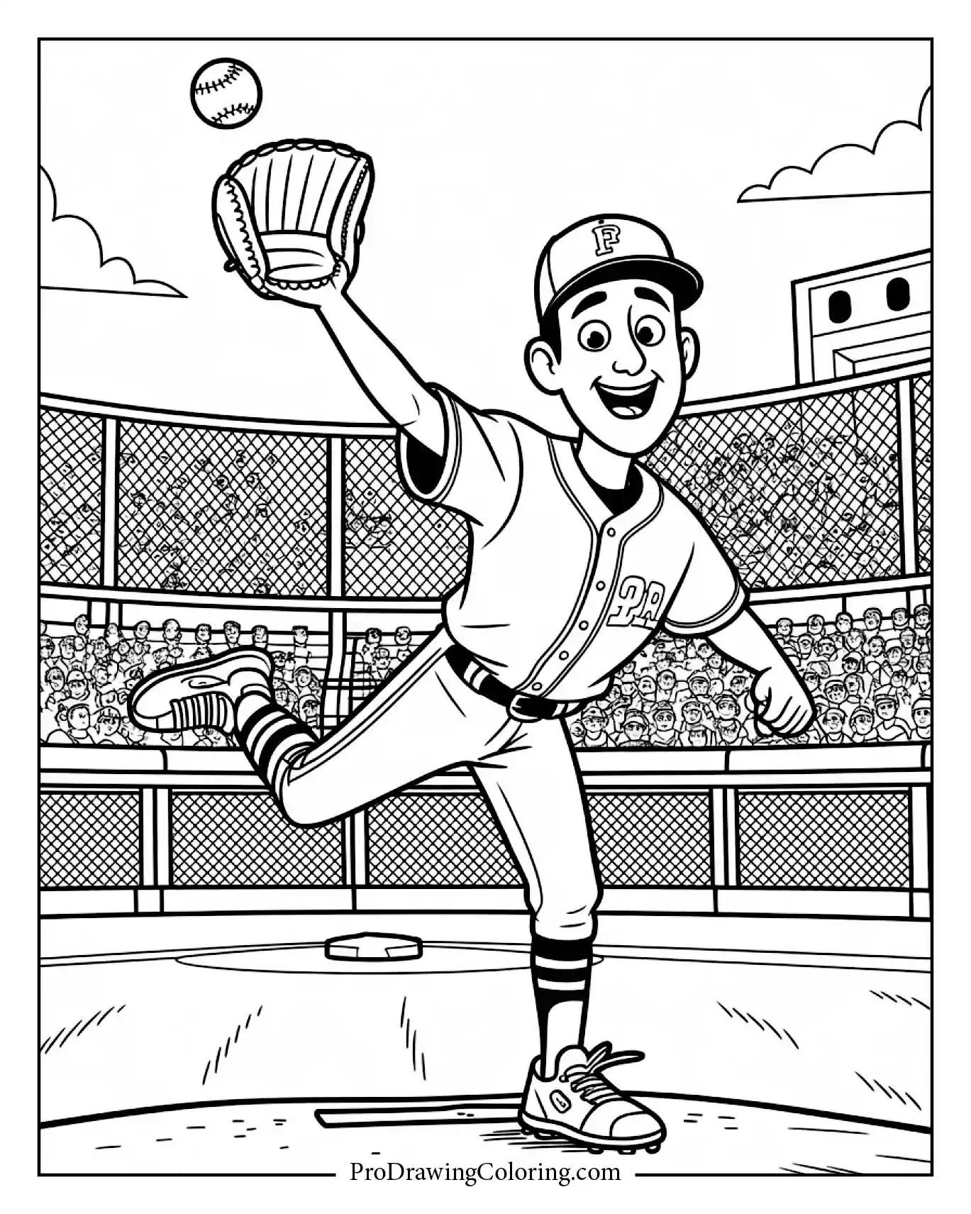 Pitcher Throwing Curveball scene, fun Baseball Coloring Page for kids and adults.
