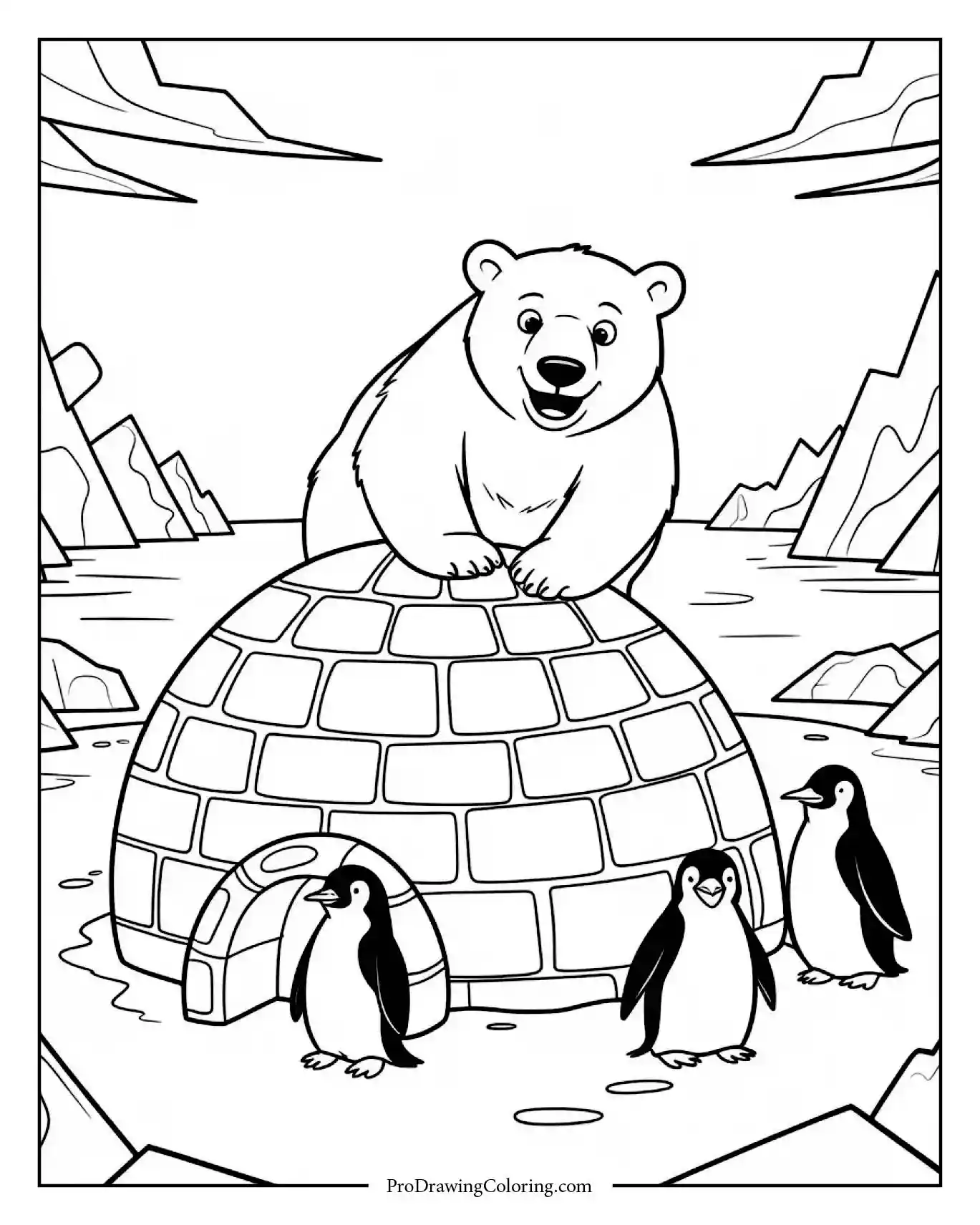 Polar bear and penguins building igloo near Arctic ice field