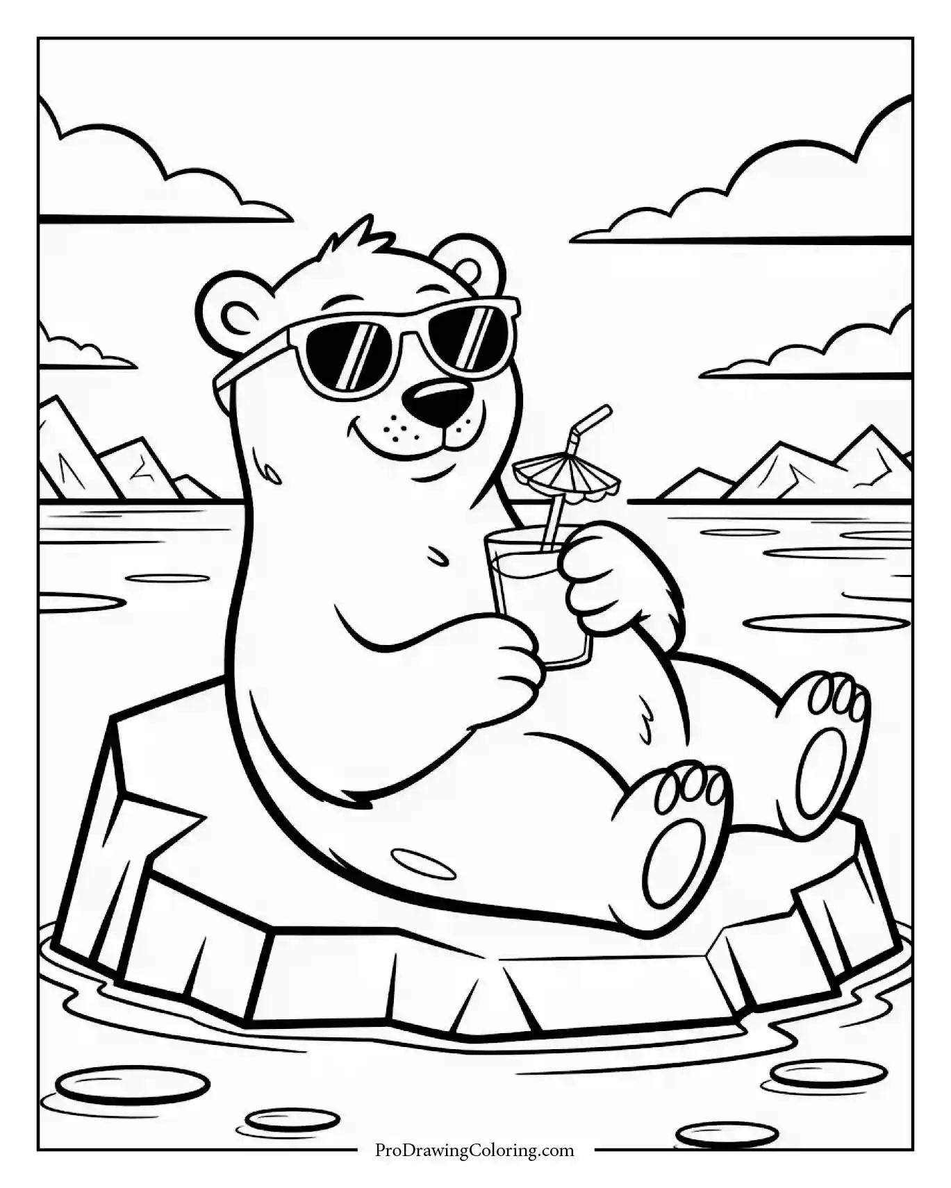 Cool bear wearing sunglasses coloring page for adults relaxing on iceberg