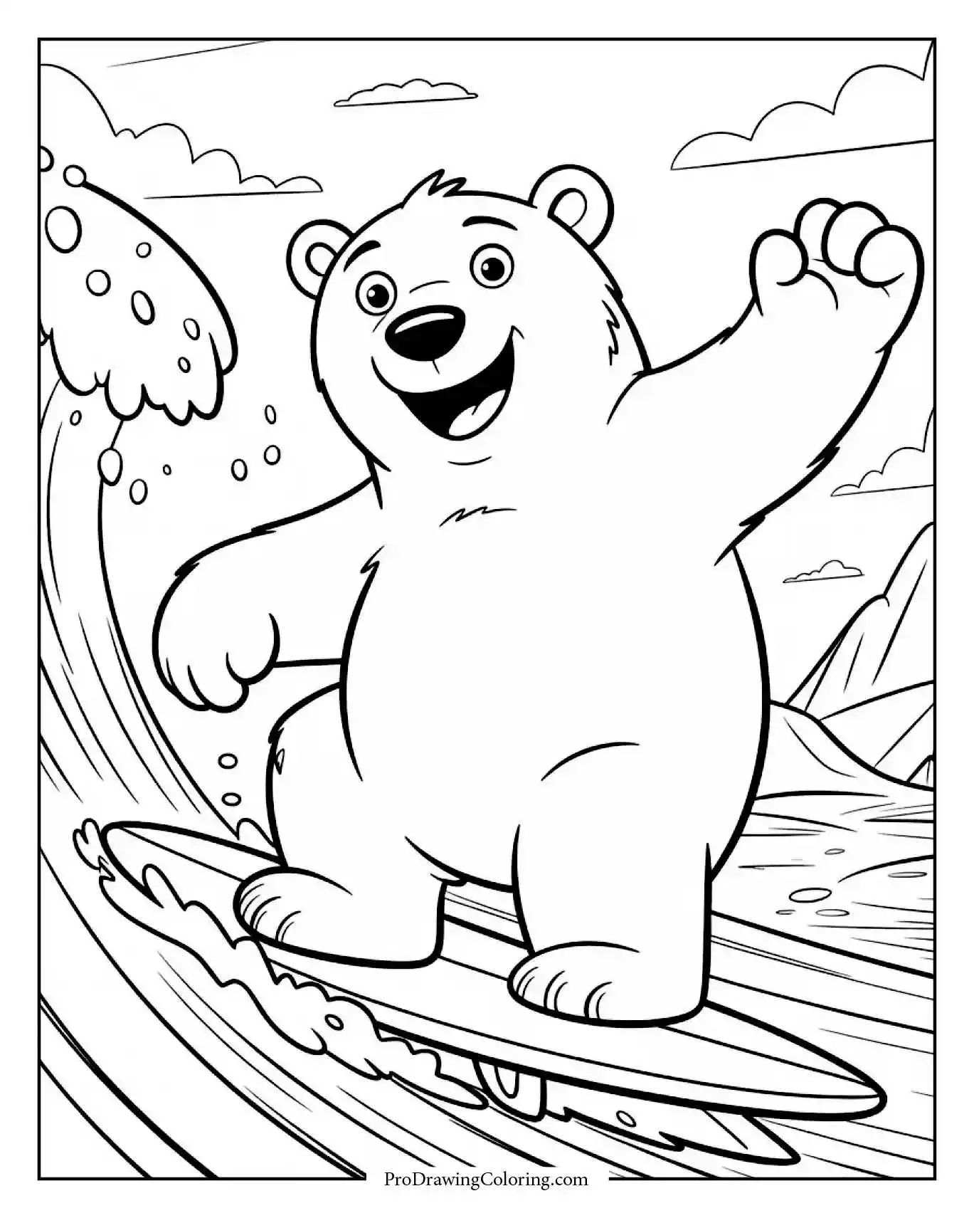 Joyful bear surfing icy waves coloring page with sunglasses