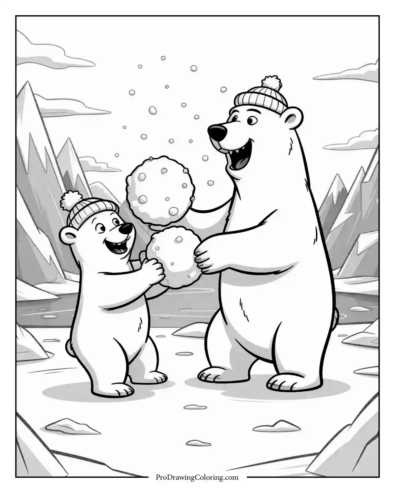 Playful bear family printable coloring sheet for adults having a snowball fight