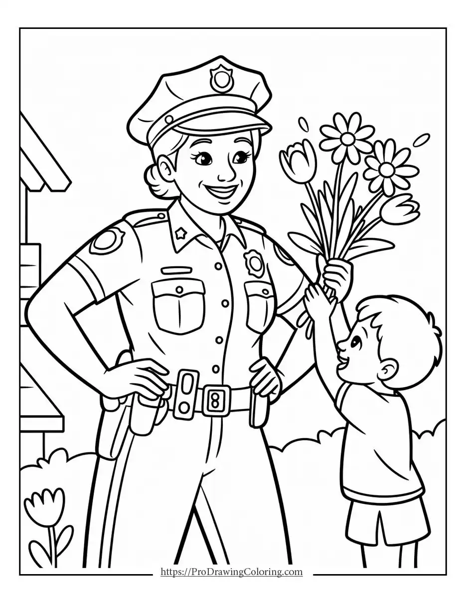 Child offering flowers to police mom, a proud Mothers Day family moment