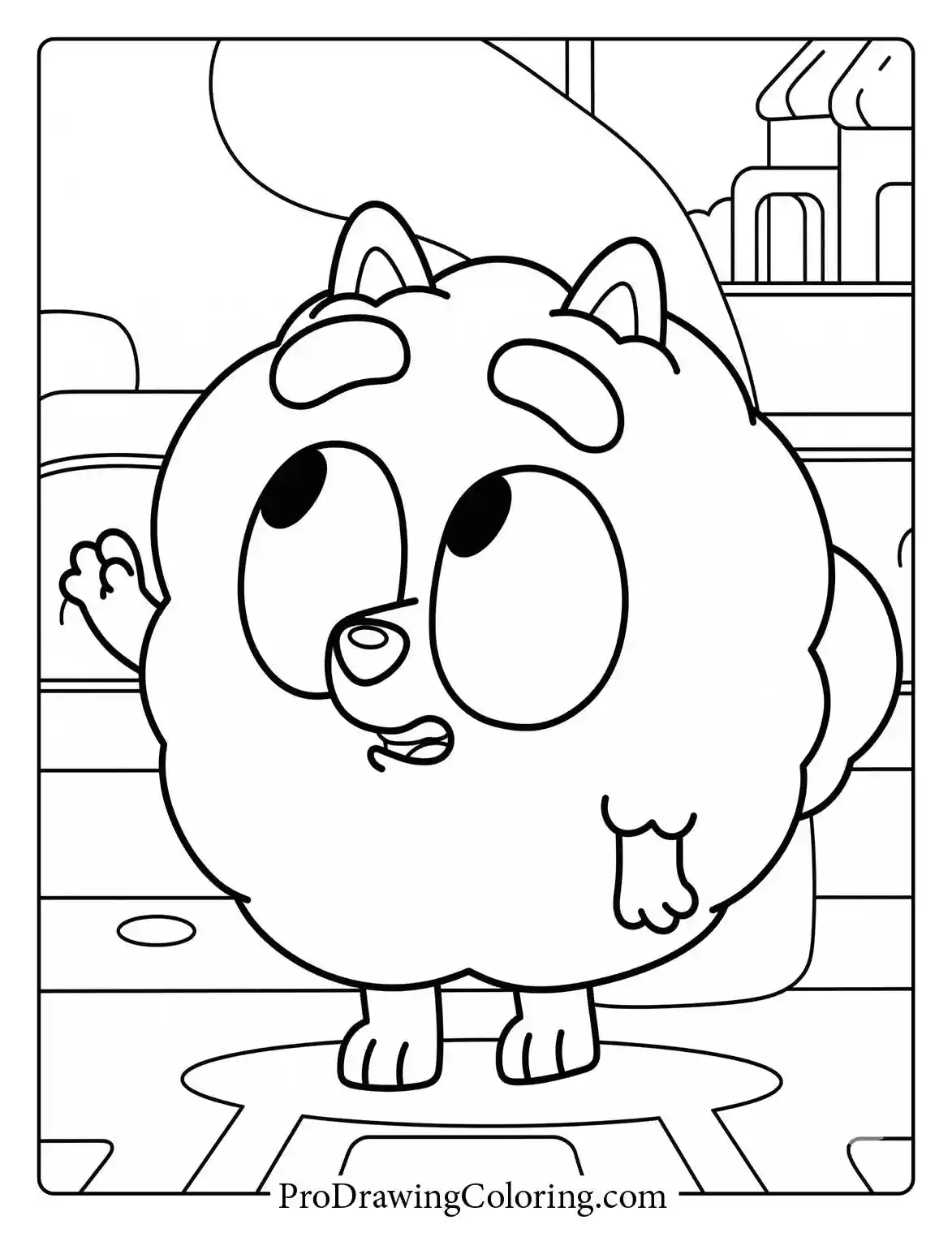 The adorable Pomeranian Pom Pom, a friend of Bluey, standing on a small step in this easy coloring picture pdf.