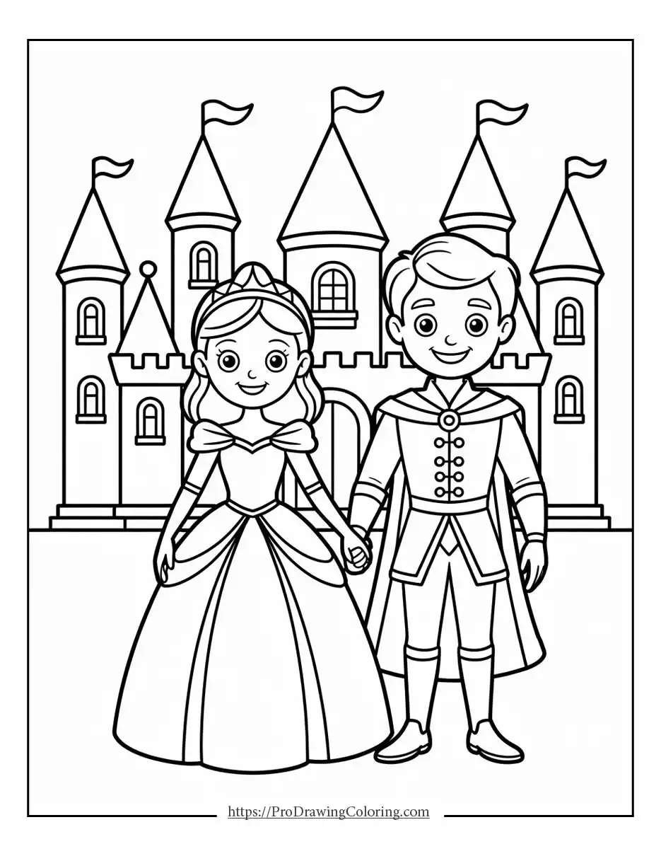 a princess and a prince holding hands in front of a castle
