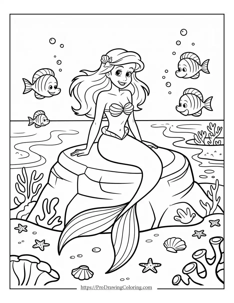 Princess Ariel coloring sheet in a flower field, printable coloring for kids, free to print
