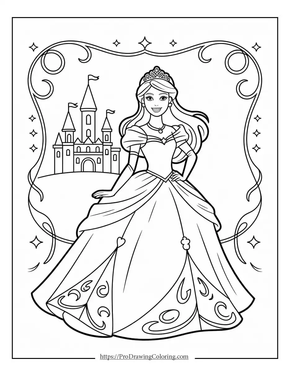 Princess Barbie coloring page in a palace scene, printable coloring sheet for kids and girls, free to print