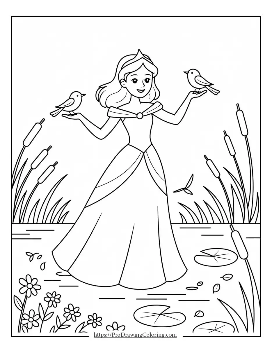 princess coloring page showing a princess holding birds near a peaceful lake