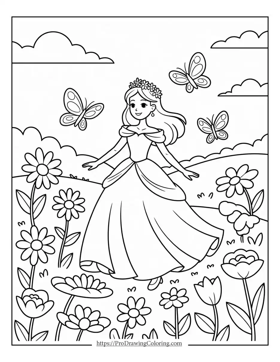 princess dancing in a flower field with butterflies, printable sheet for kids