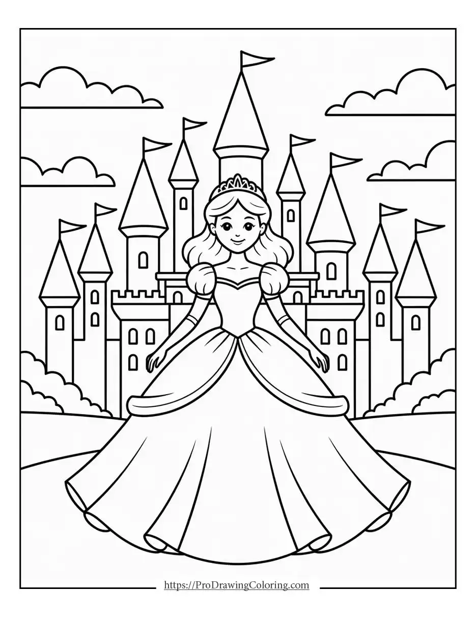 princess coloring page of a princess standing in front of a magical castle