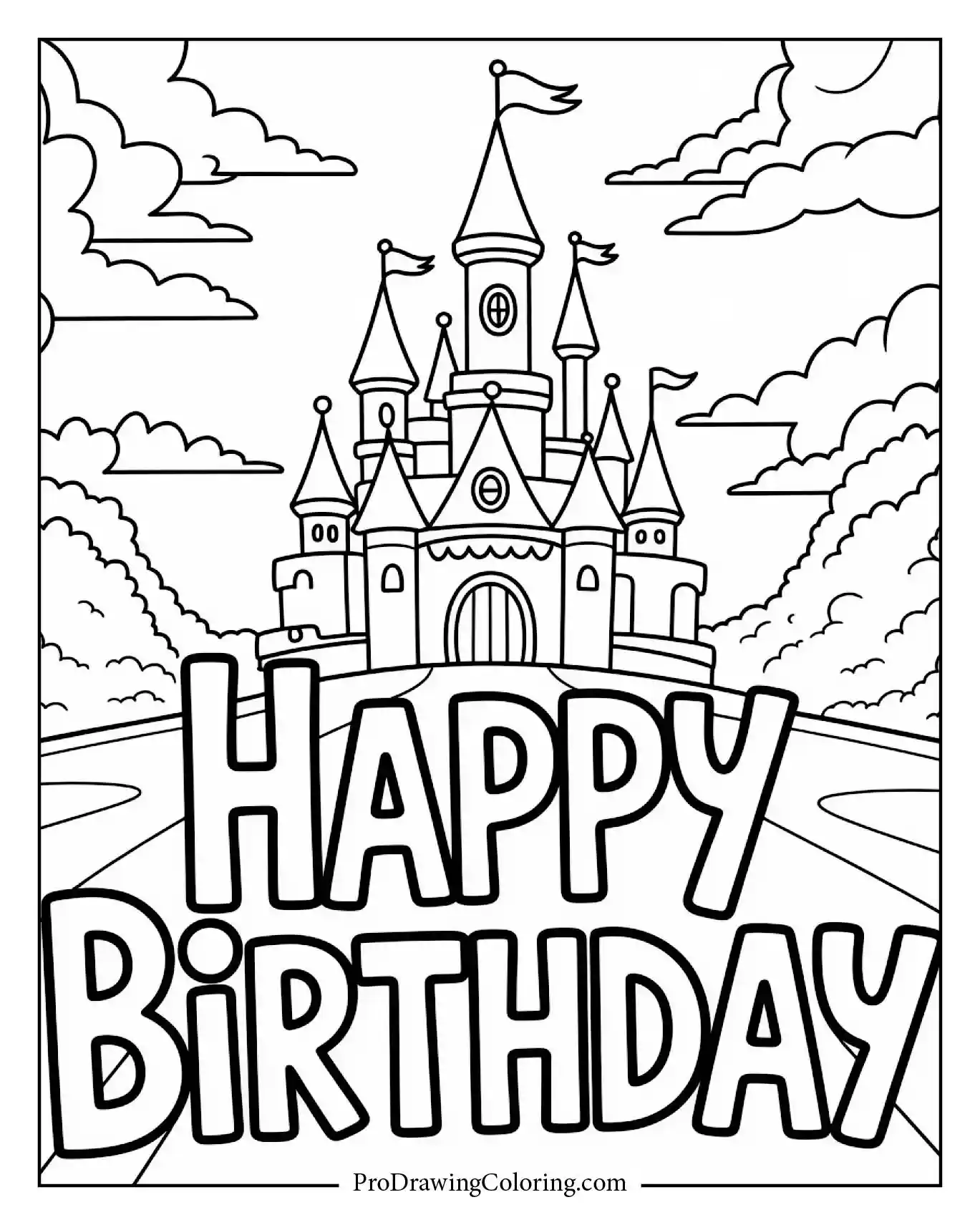 A joyful princess castle scene in Fairy Dust Font, free Happy Birthday Coloring Page to color at home.