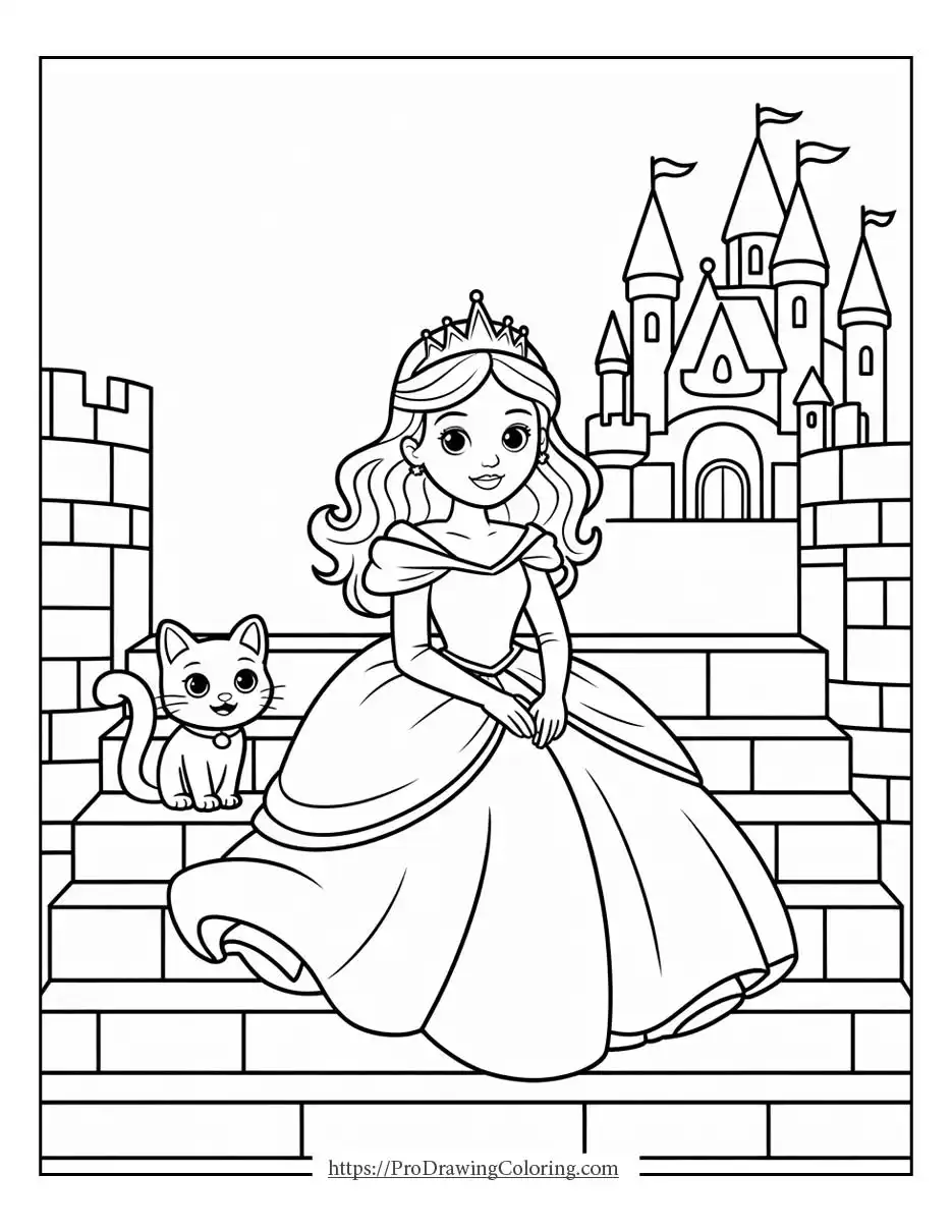 princess coloring page featuring a princess sitting on castle stairs with a cute cat