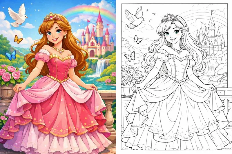 Princess coloring pages showing a fairytale princess in a pink dress standing in front of a magical castle, with a colorful version and a matching black and white coloring page for kids