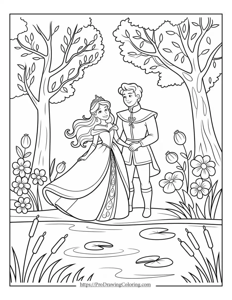 princess coloring page featuring a princess and prince walking together in an enchanted forest