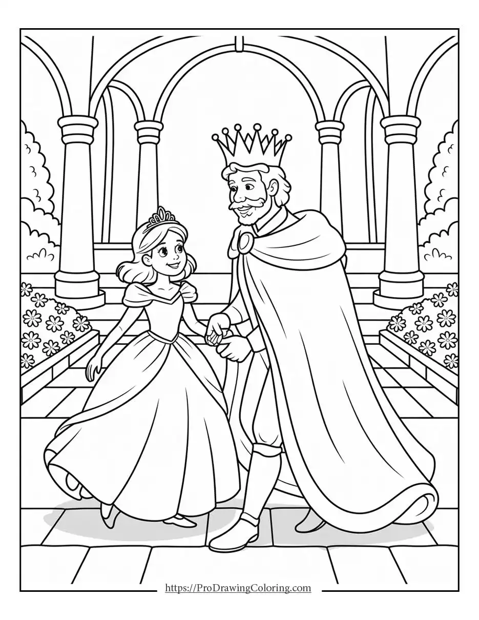 princess coloring page of a princess dancing with her father king inside a royal palace
