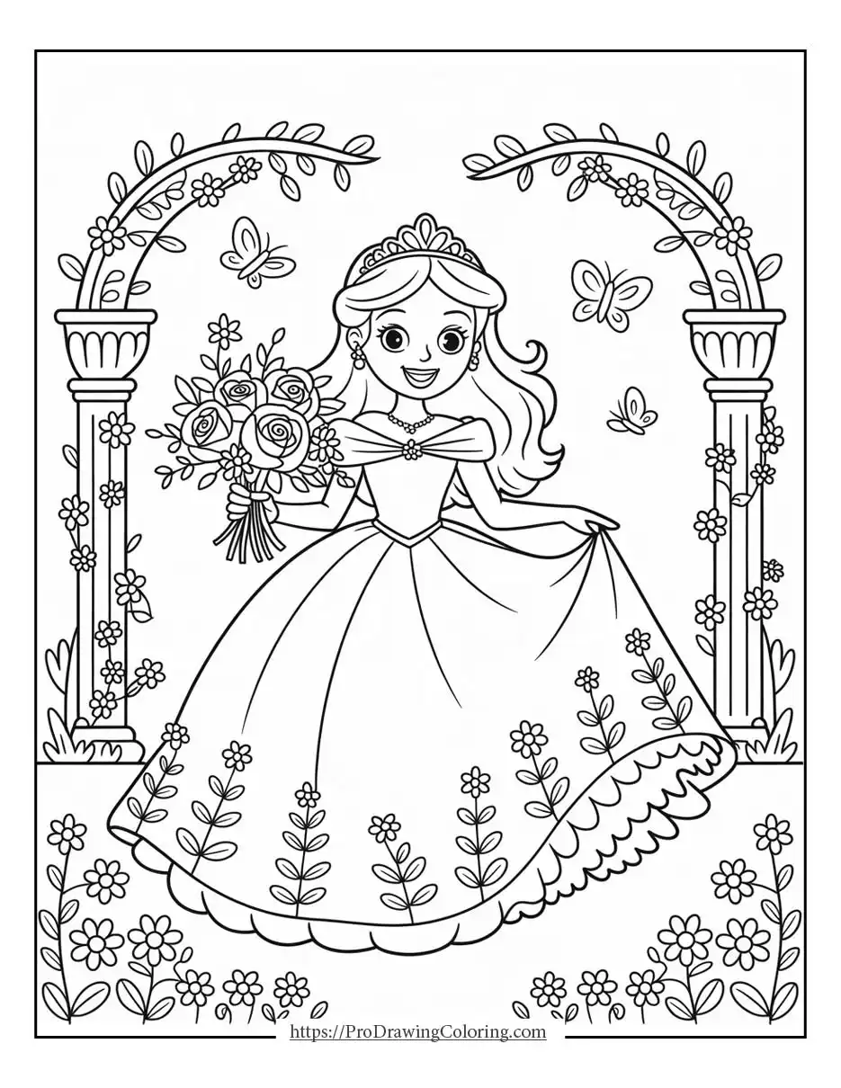 princess holding flowers under a floral arch, free printable sheet for kids