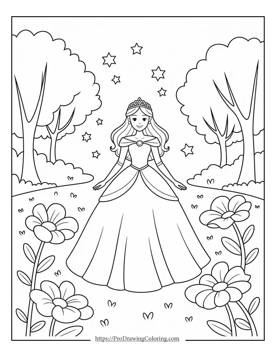 princess surrounded by flowers and stars, free printable sheet for kids