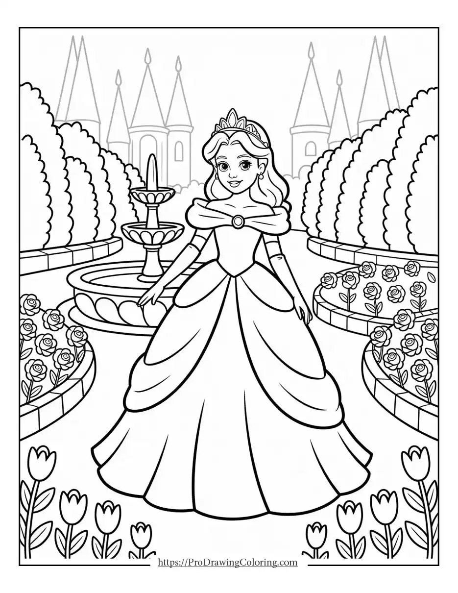 princess coloring page of a princess standing in a beautiful castle garden with fountain